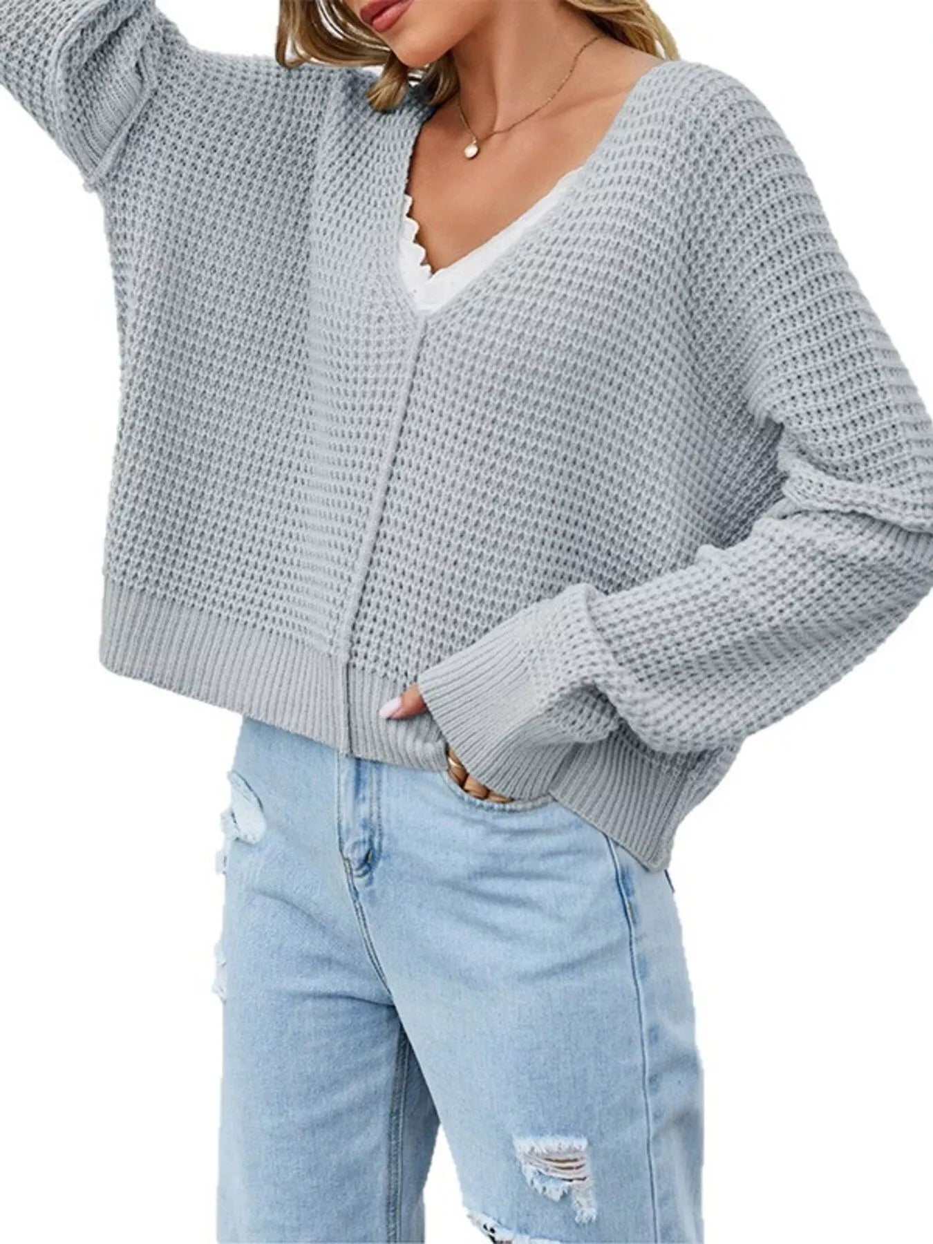 Waffle Knit Dropped Shoulder Sweater