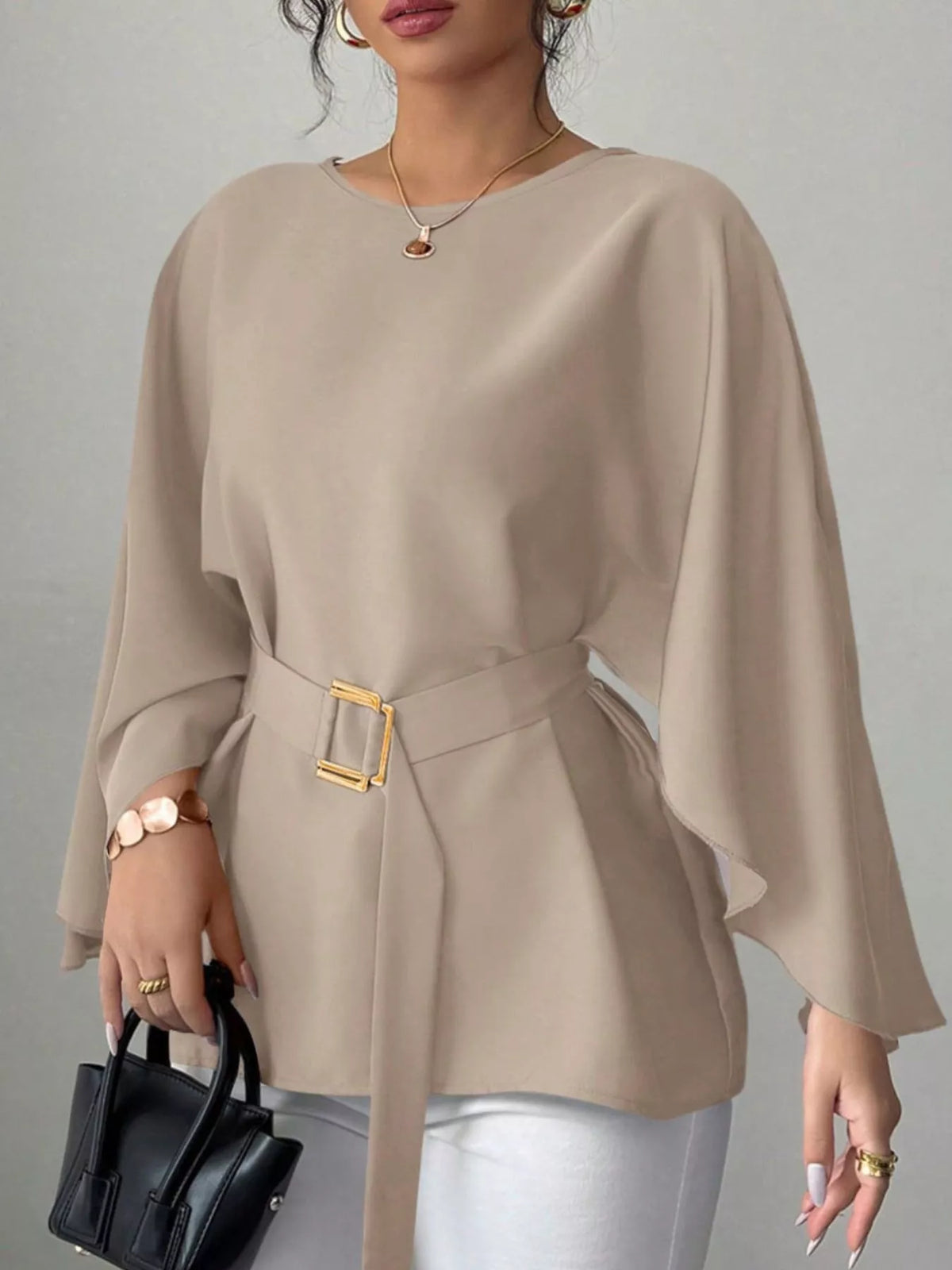 Round Neck Belt Batwing Sleeve Blouse