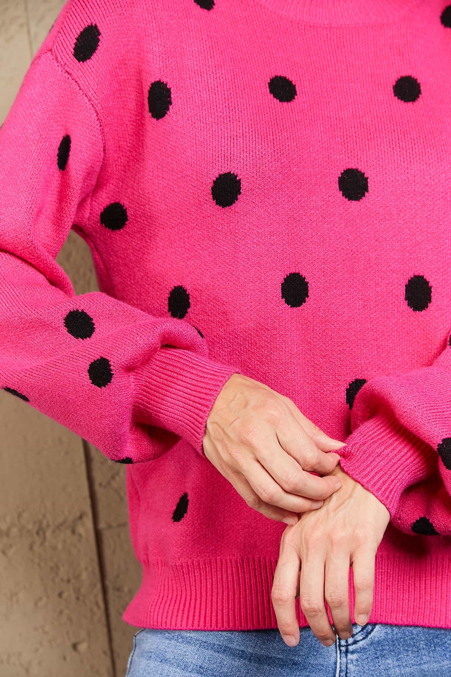 Angel Wings Woven Right Polka Dot Round Neck Dropped Shoulder Sweater