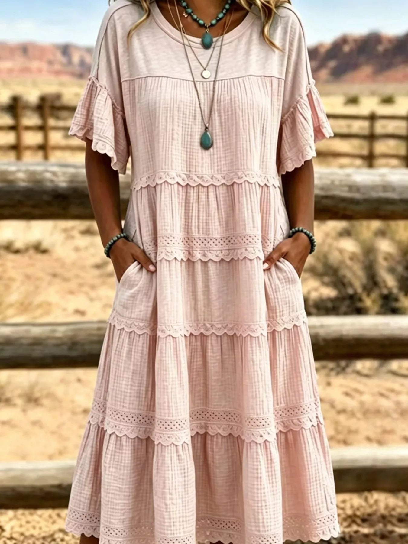 Full Size Tiered Ruffle Sleeve Midi Dress with Pockets Plus Size