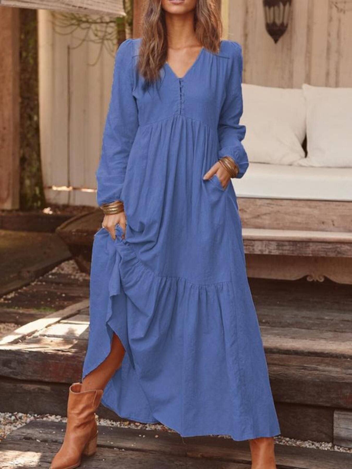 Full Size V-Neck Long Sleeve Tiered Maxi Dress Plus Size