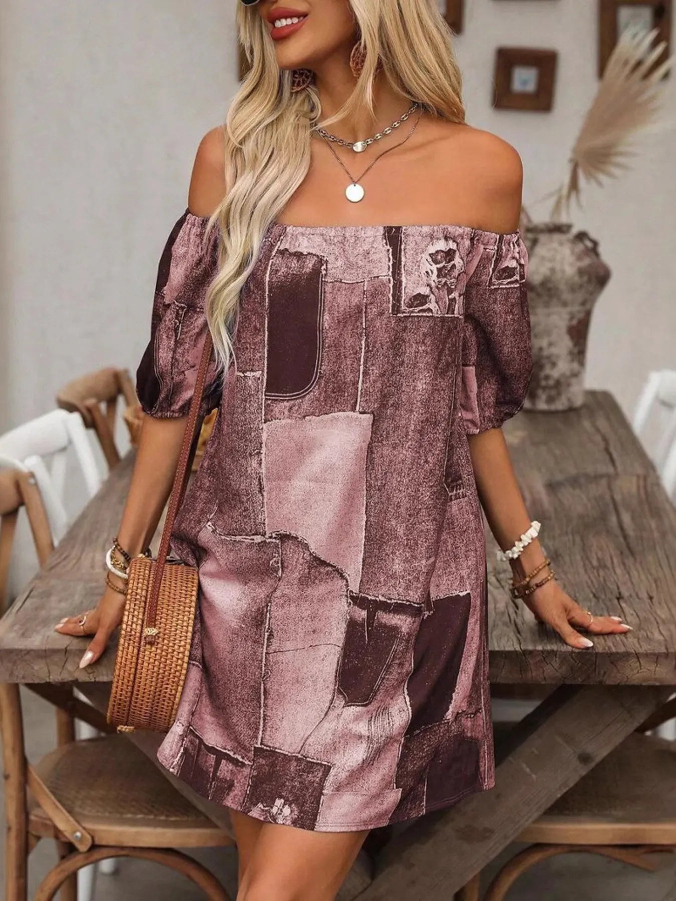 Patchwork Off Shoulder Denim Mini Dress
