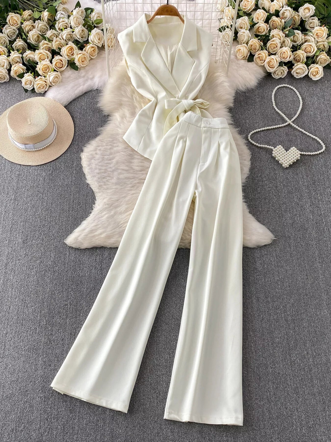 Sleeveless Blazer and Wide-Leg Pants Set
