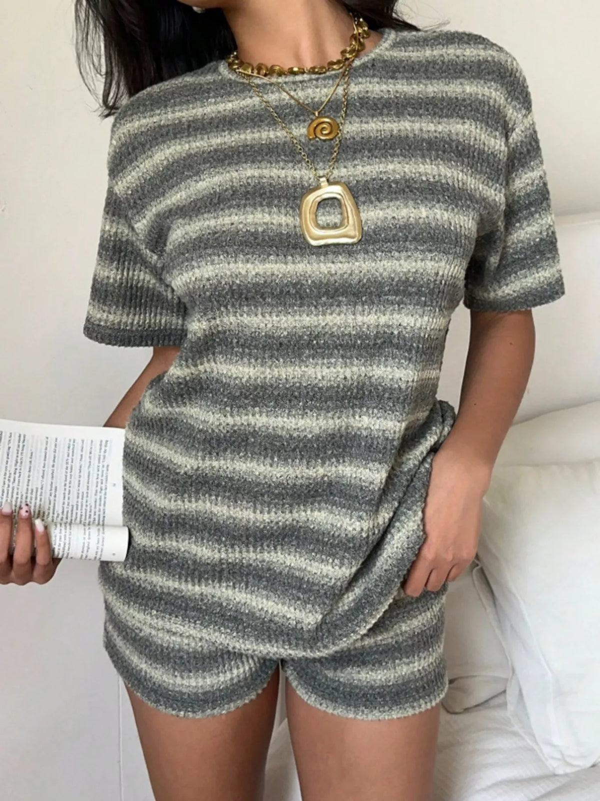 Striped Textured Knit Top and Shorts Set