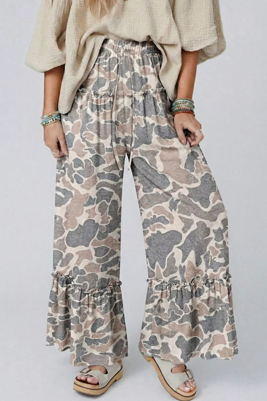 Camo Print Ruffle Hem Wide Leg Pants