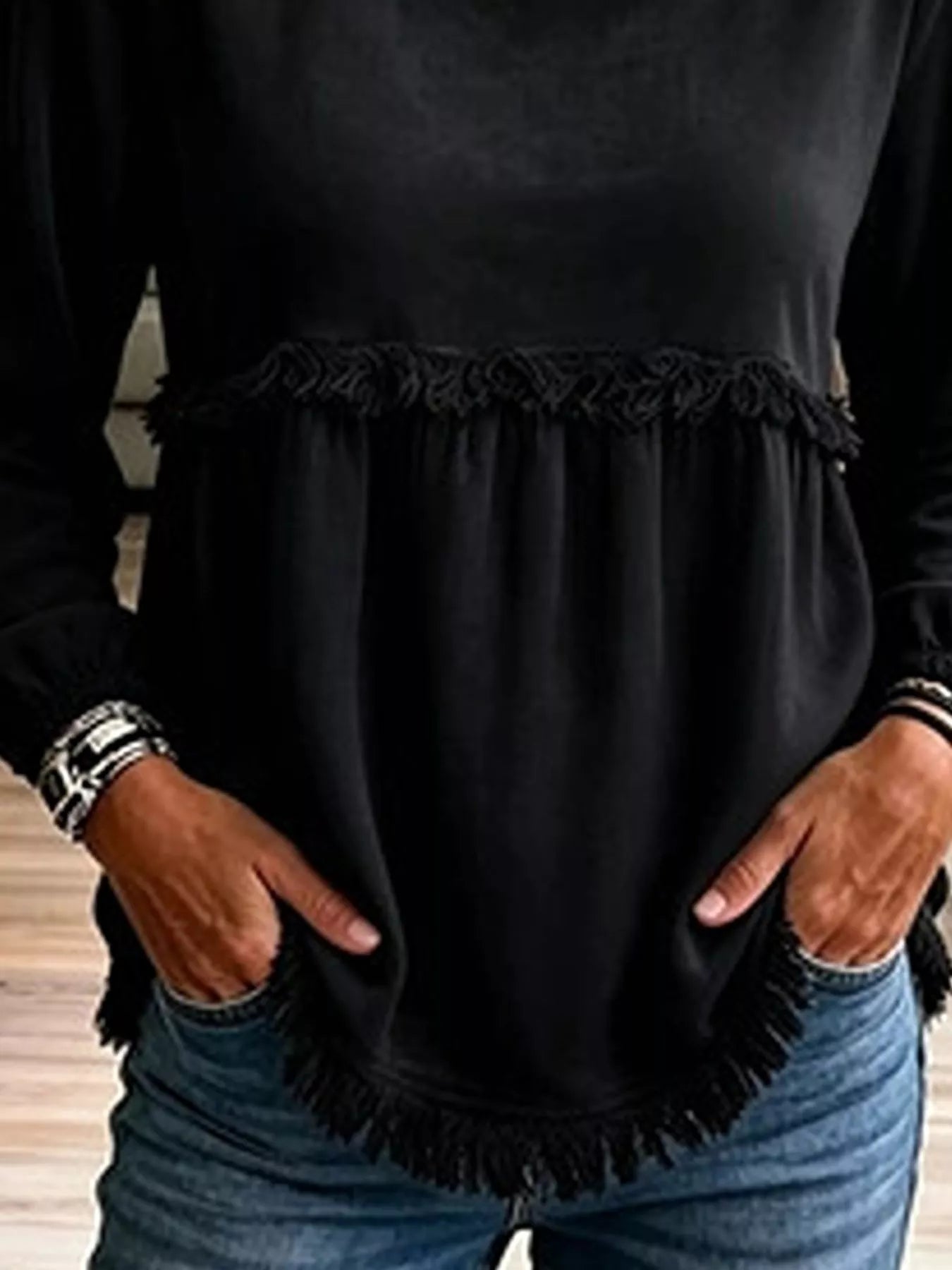 Velvet Fringe Long Sleeve Blouse