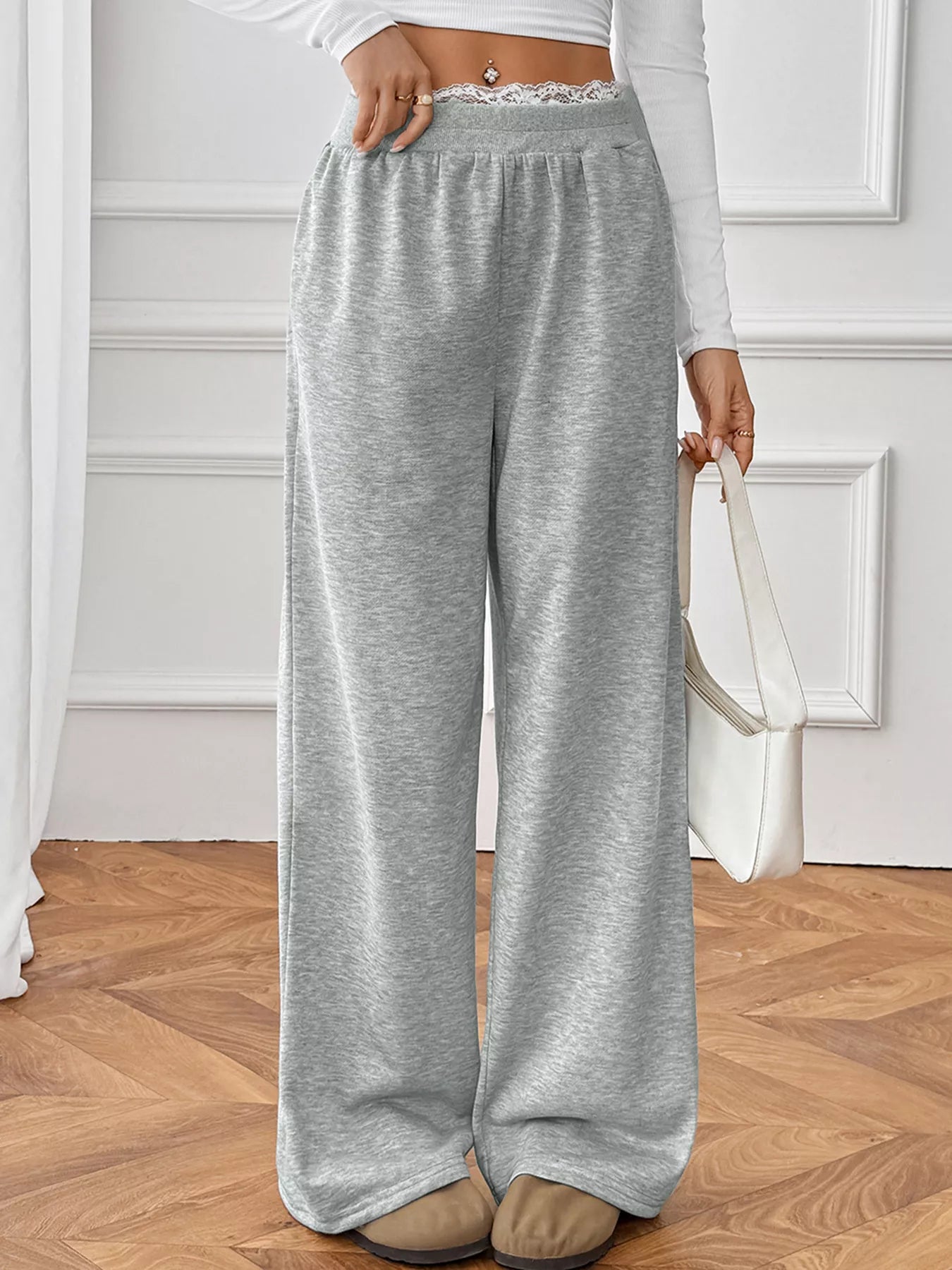 Lace Detail Wide Leg Casual Pants