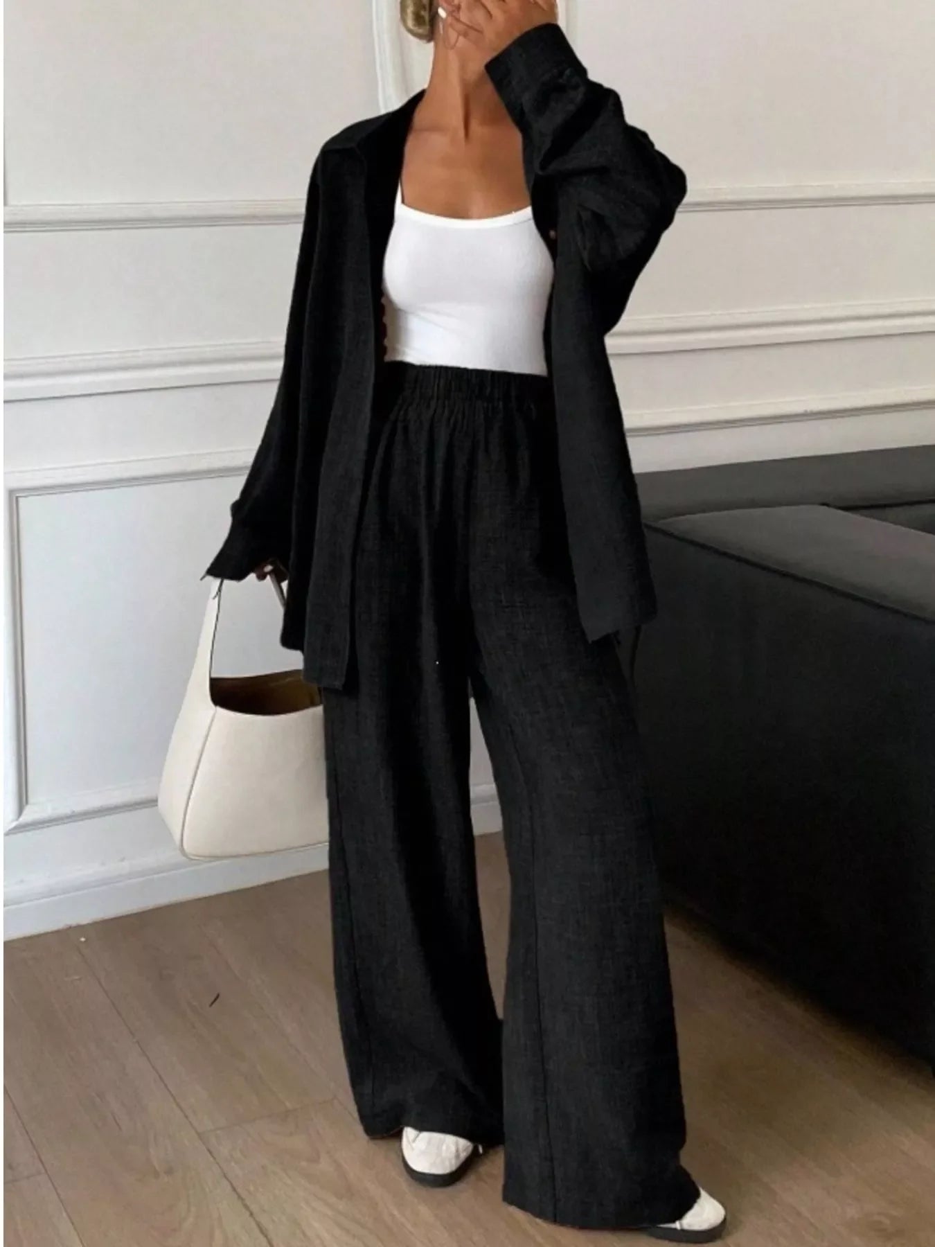 Button-Down Shirt and Wide-Leg Pants Set