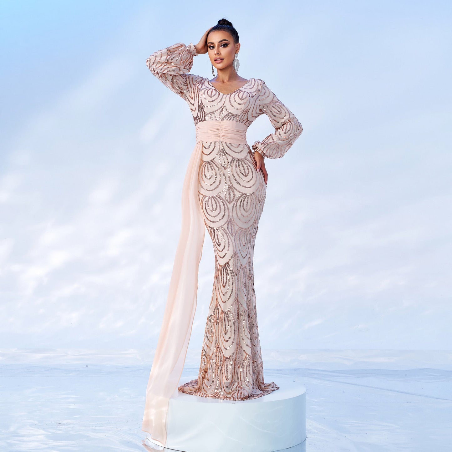 Long Sleeve Sexy Long Sequined V-neck Banquet Ribbon Evening Dress (See size chart where applicable)