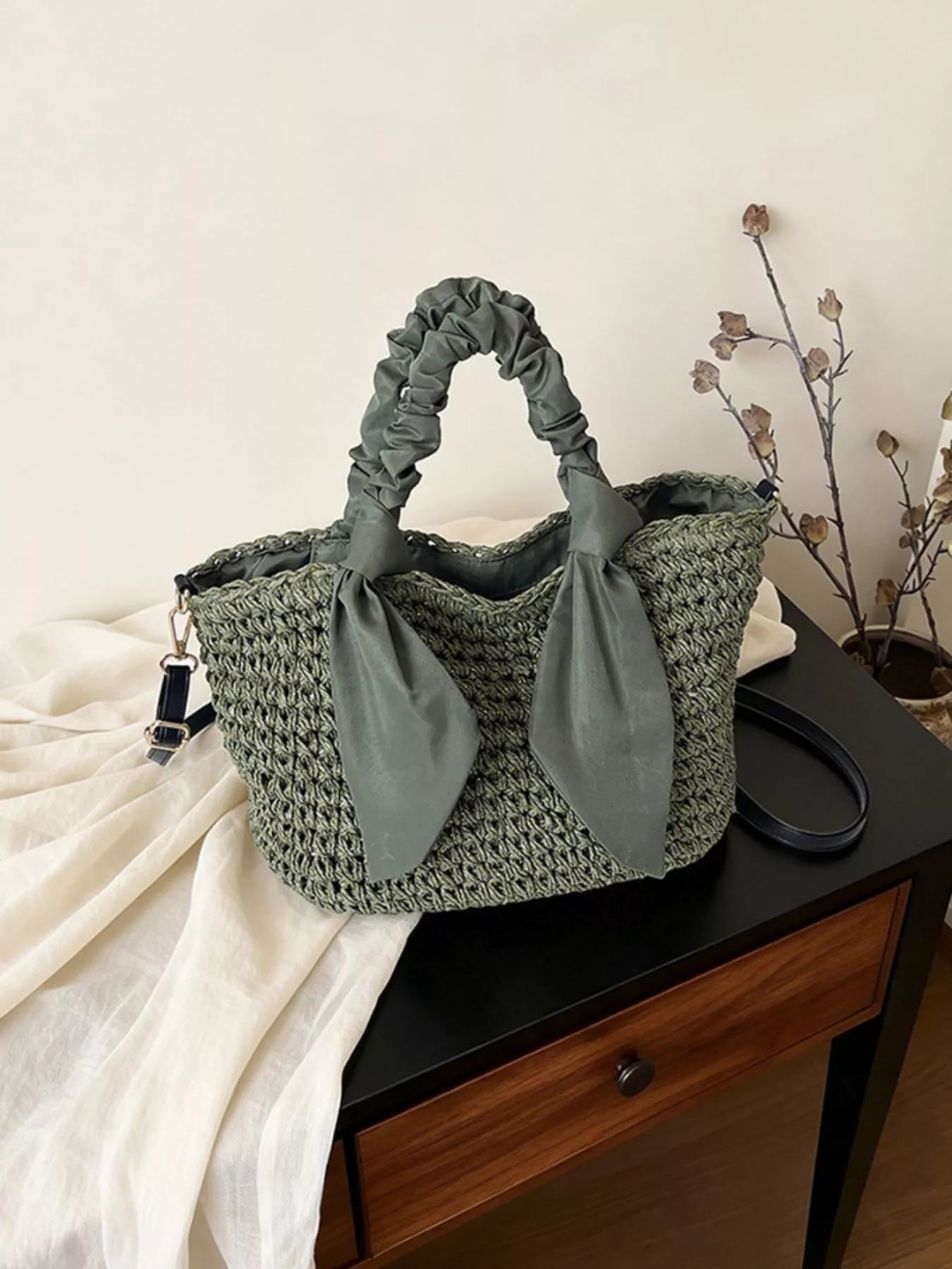 Woven Ruched Handle Crossbody Bag