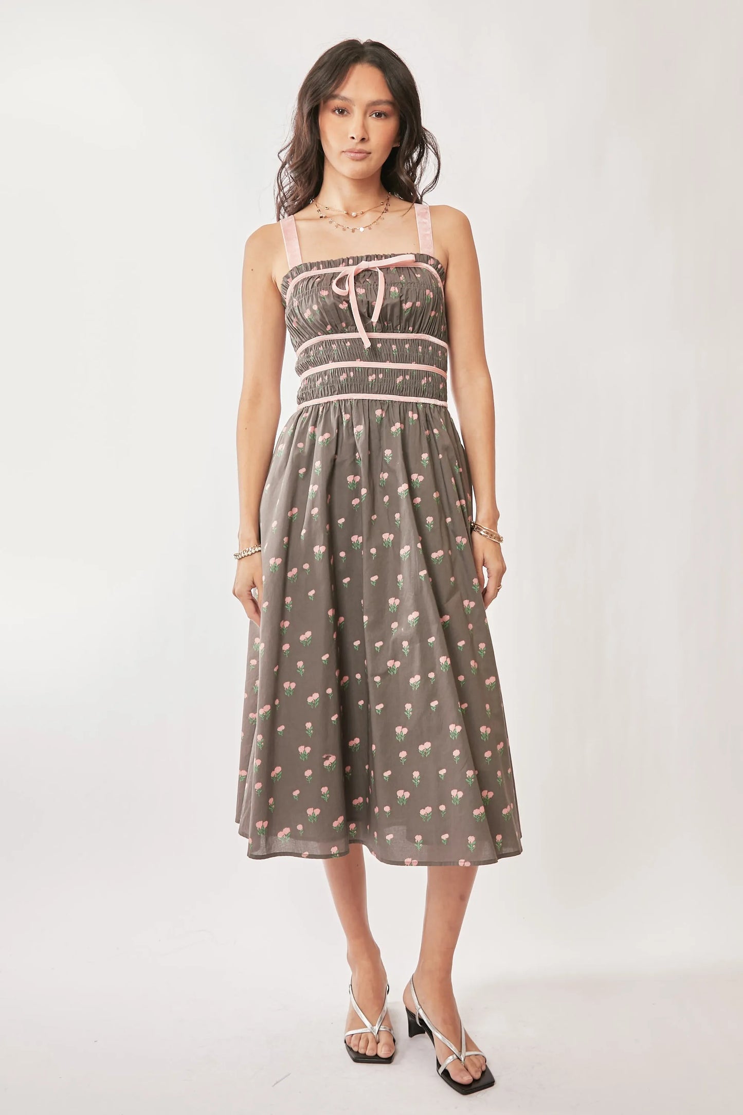 Davi & Dani Contrast Velvet Tape Smocking Bodice Midi Dress