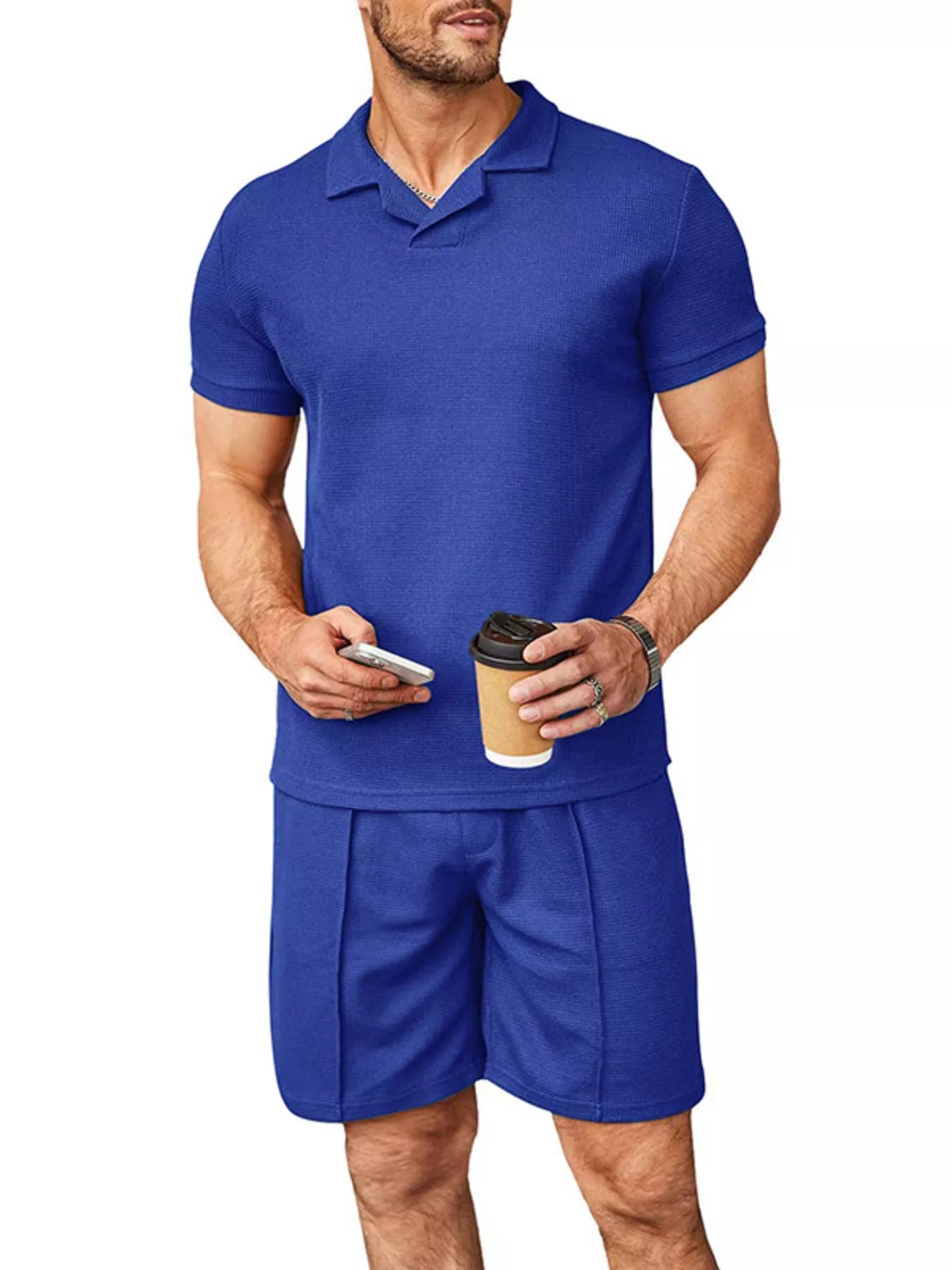 Men's Full Size Casual Short Sleeve Polo and Shorts Set Plus Size