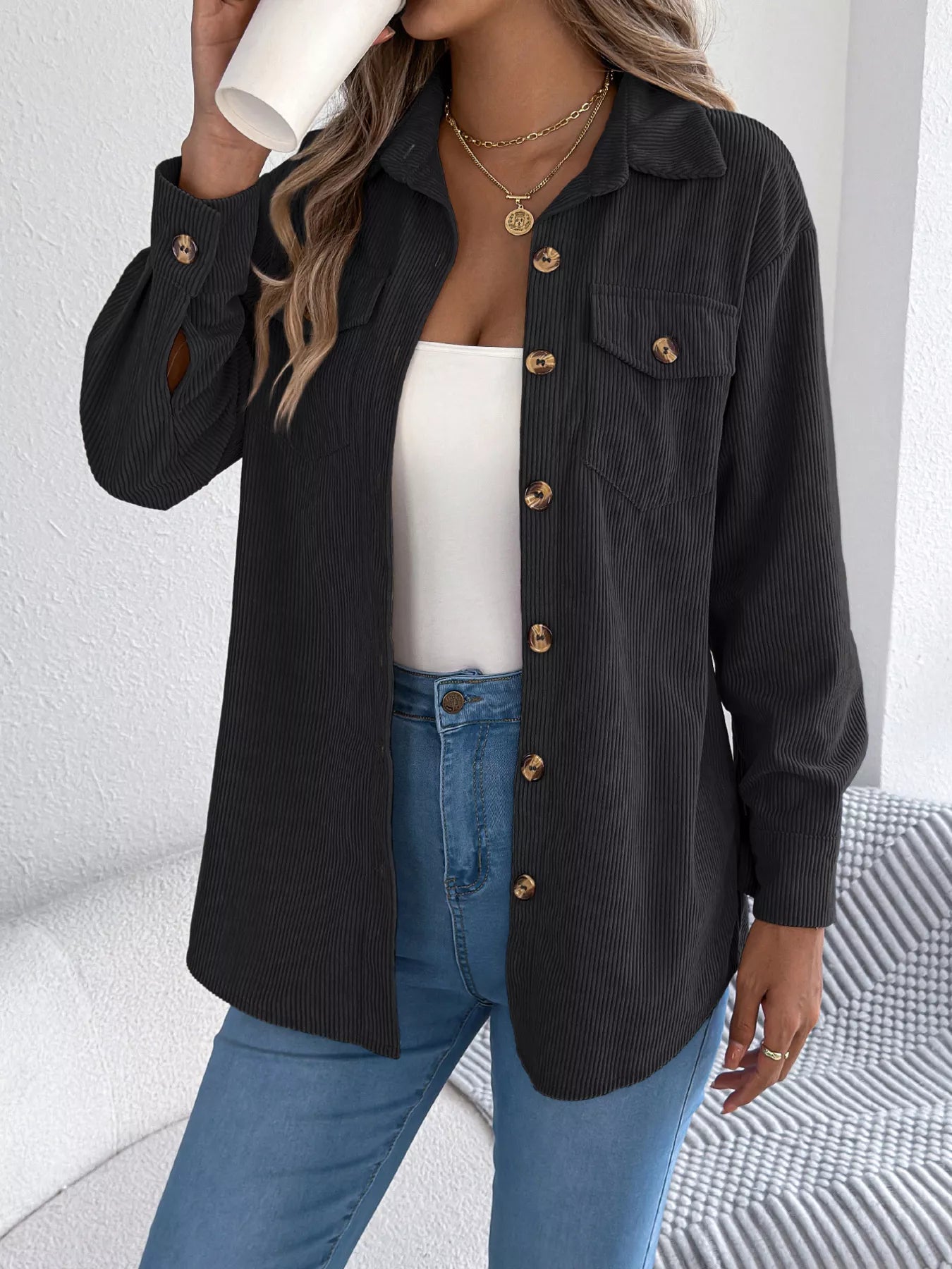 Casual Corduroy Button-Up Shacket