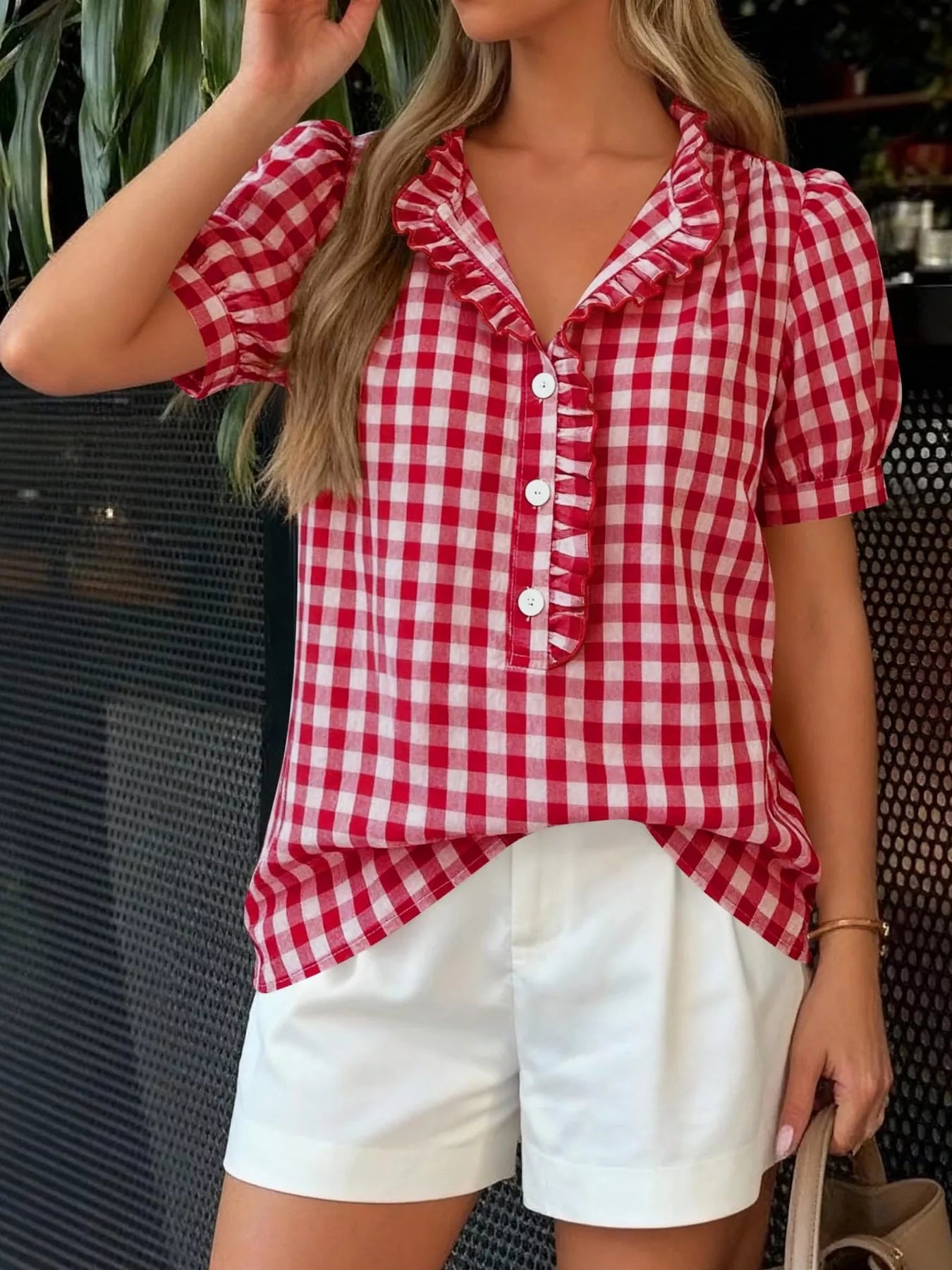 Gingham Button Front Puff Sleeve Blouse