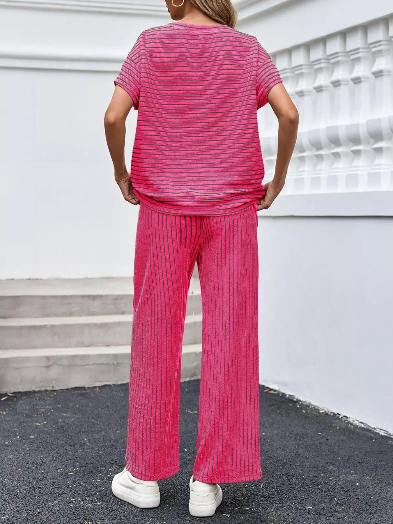 Casual Striped Short Sleeve Top and Wide Leg Pants Two-Piece Set