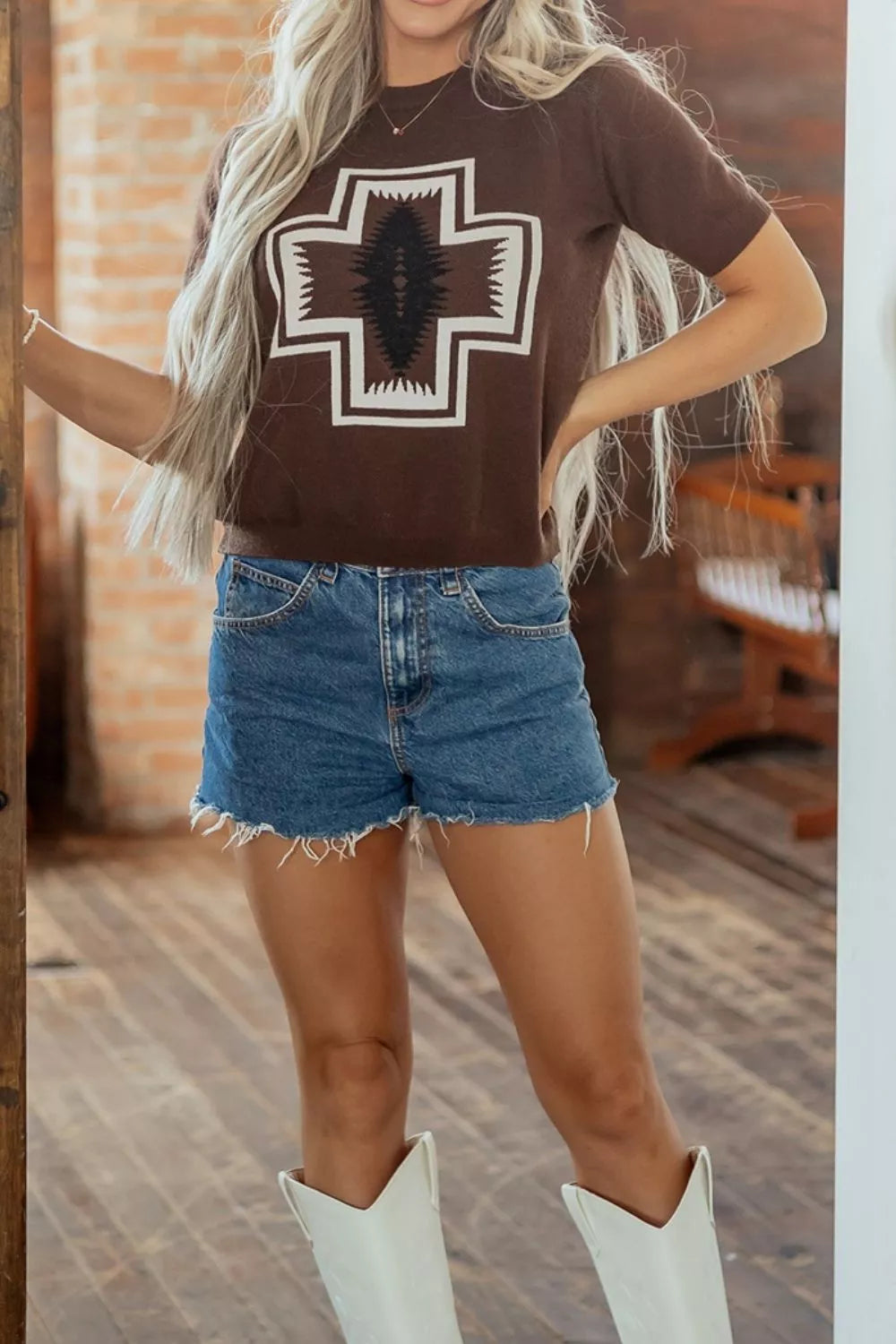 Western Graphic Short Sleeve Knit Casual Sweater