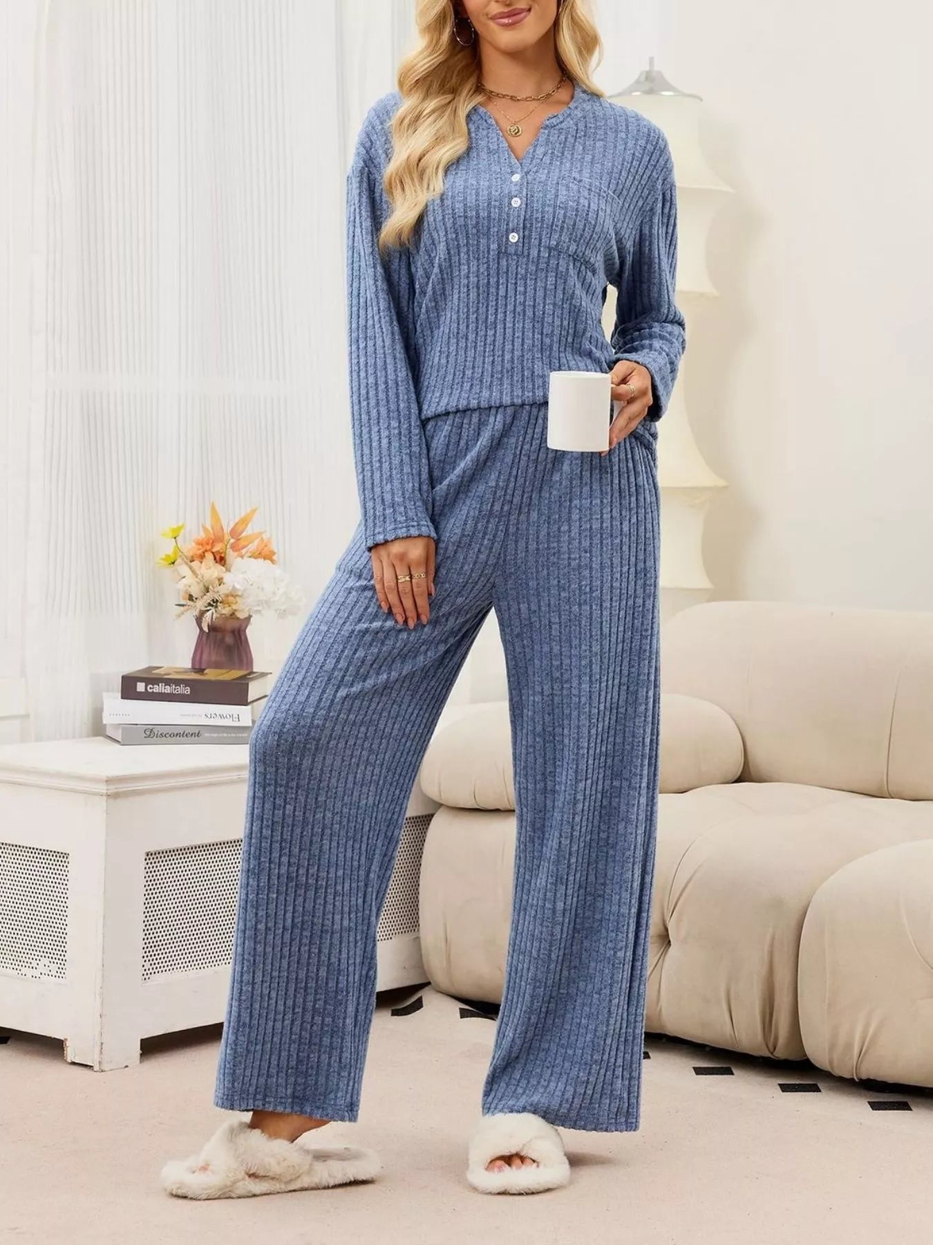 Ribbed Knit Top and Wide-Leg Pants Set