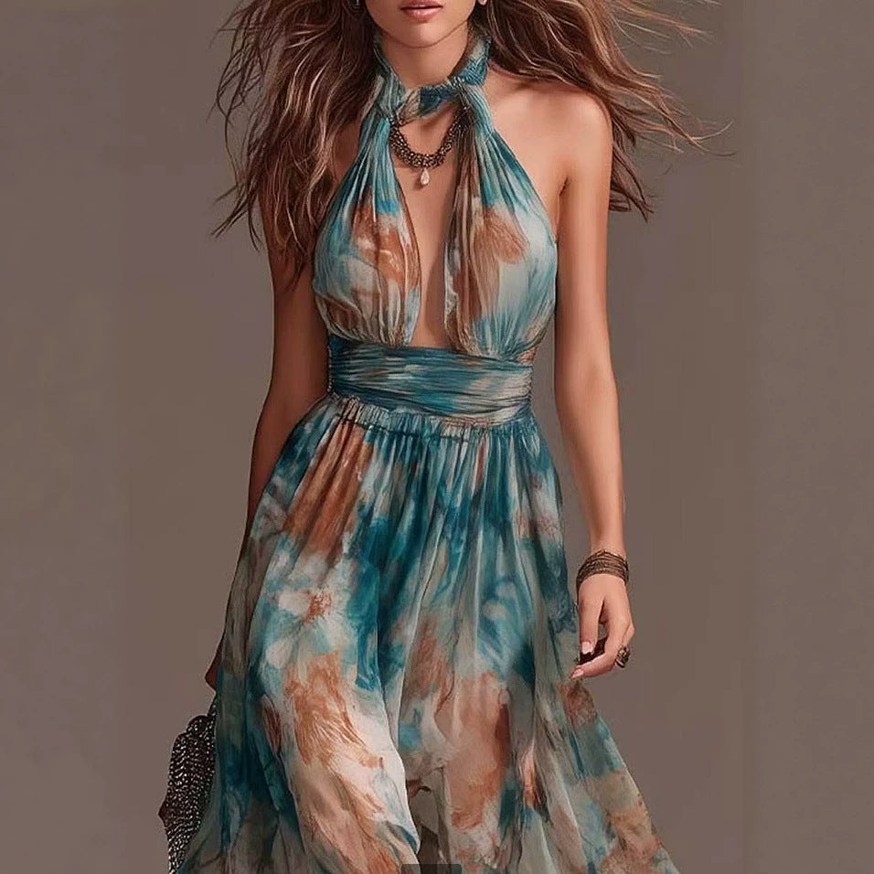 Halterneck Backless Floral Print Long Dress – A-Line Maxi