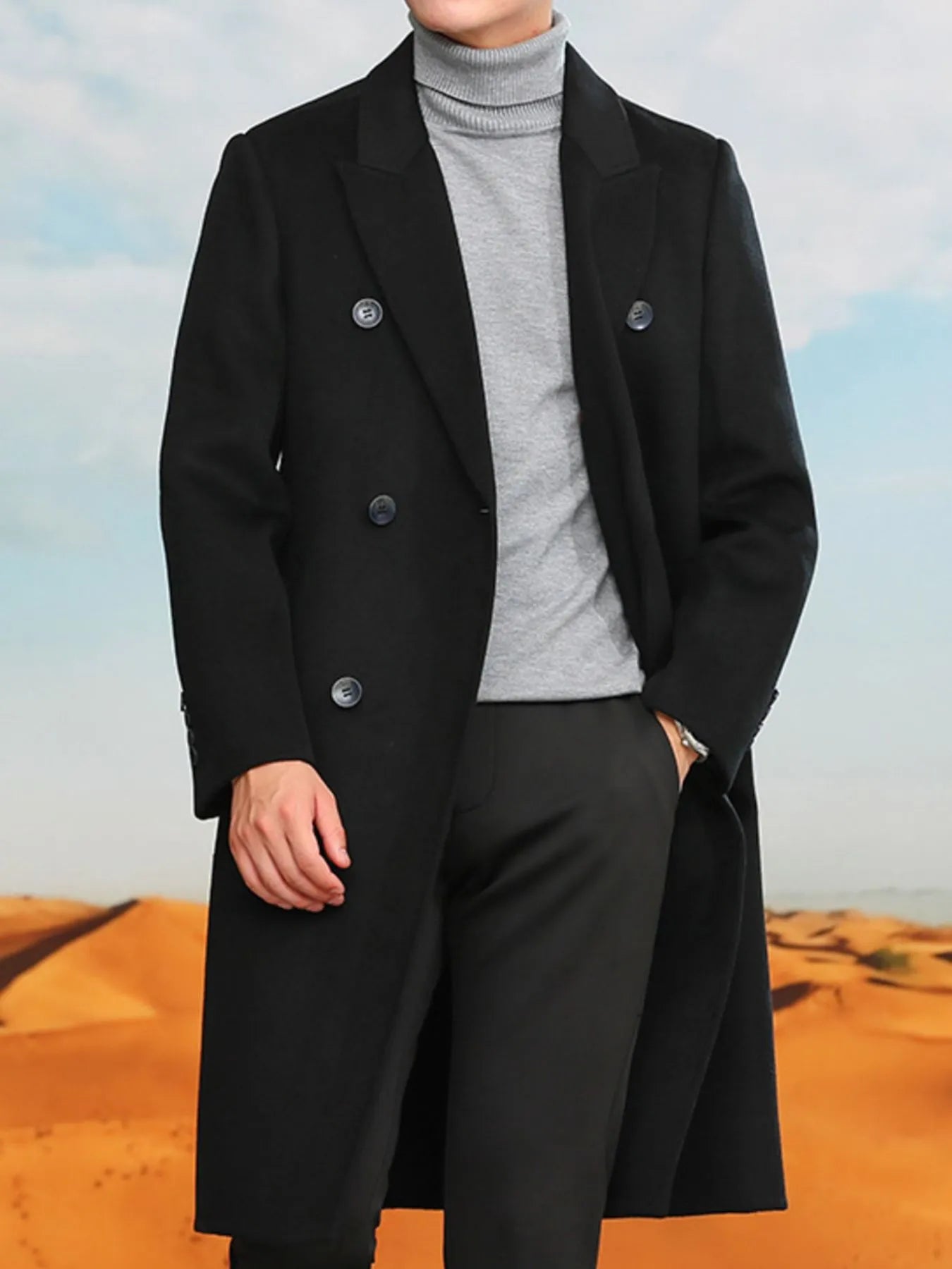 Men's Plus Size Double-Breasted Longline Coat