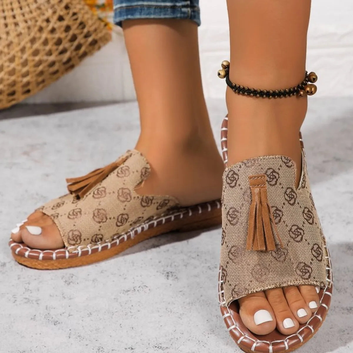 Leopard Print Tassel Flat Sandals