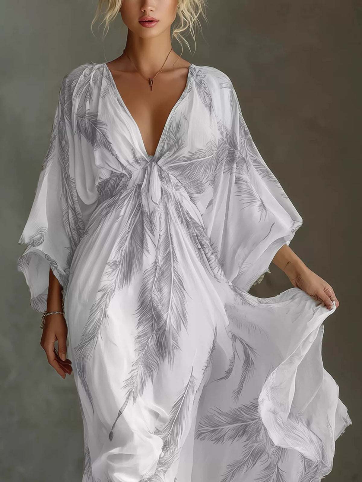 Full Size Feather Print V-Neck Flowy Maxi Dress Plus Size
