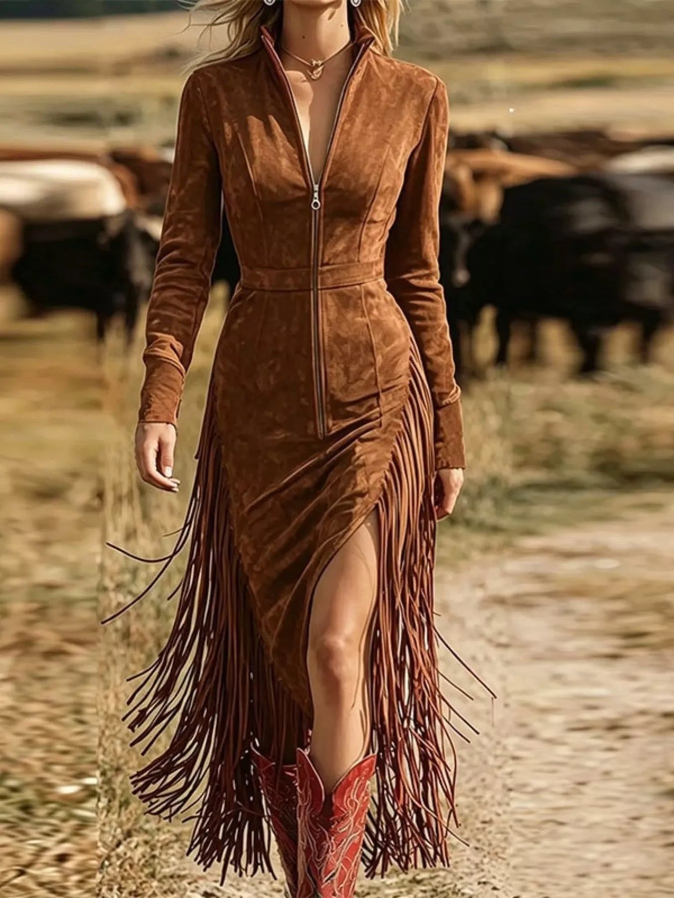 Fringe Zip-Front Midi Dress