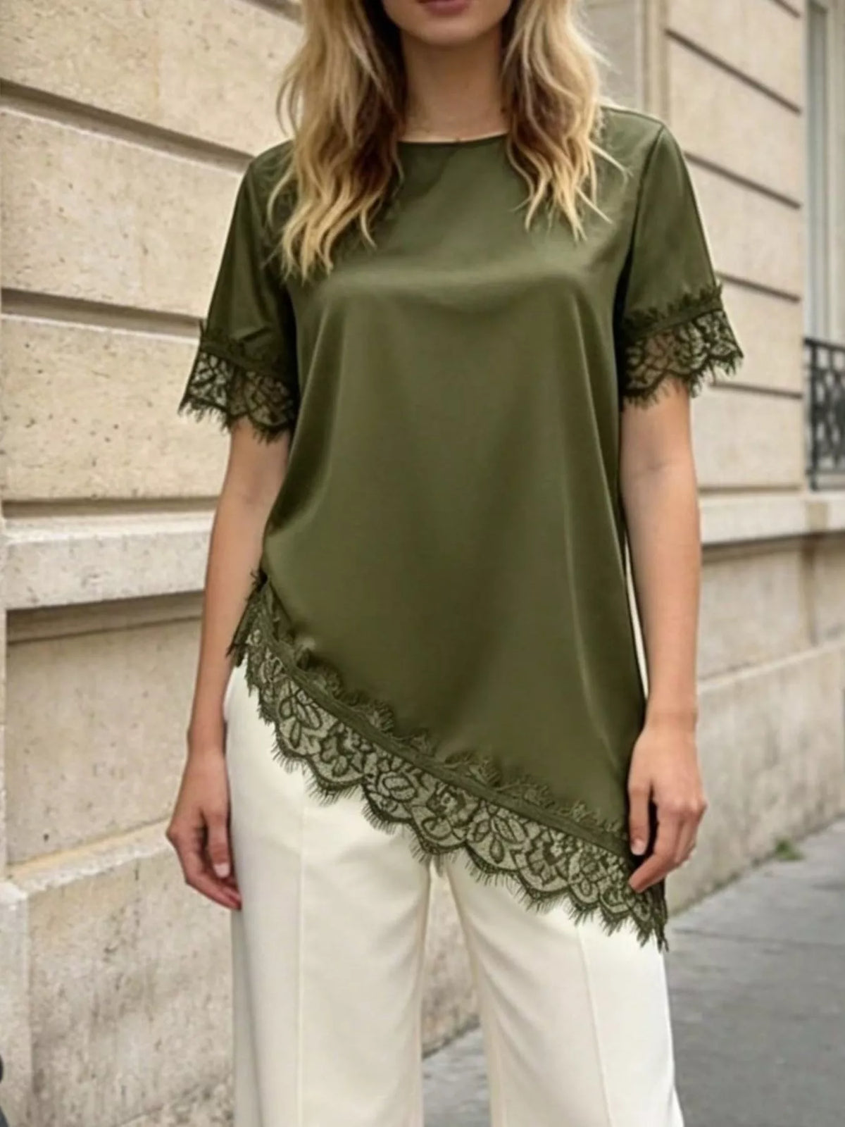 Lace Trim Short Sleeve Satin Top