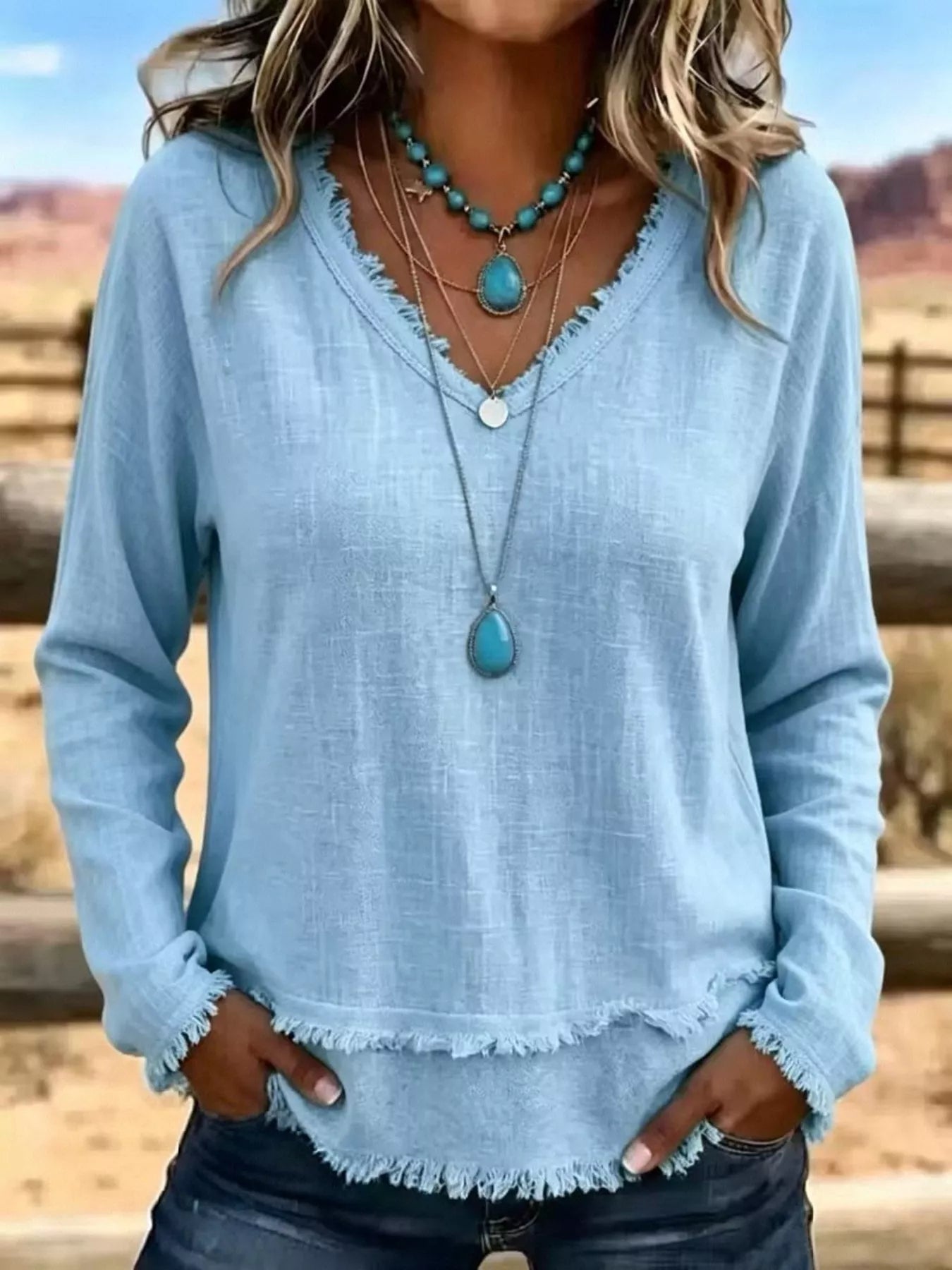 V-Neck Frayed Hem Long Sleeve T-Shirt