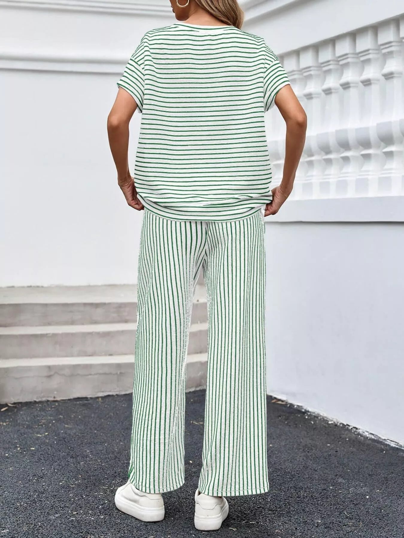 Casual Striped Short Sleeve Top and Wide Leg Pants Two-Piece Set
