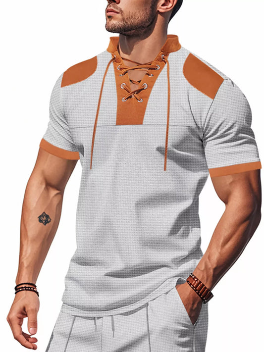 Men's Full Size Lace-Up Neckline Short Sleeve T-Shirt Plus Size