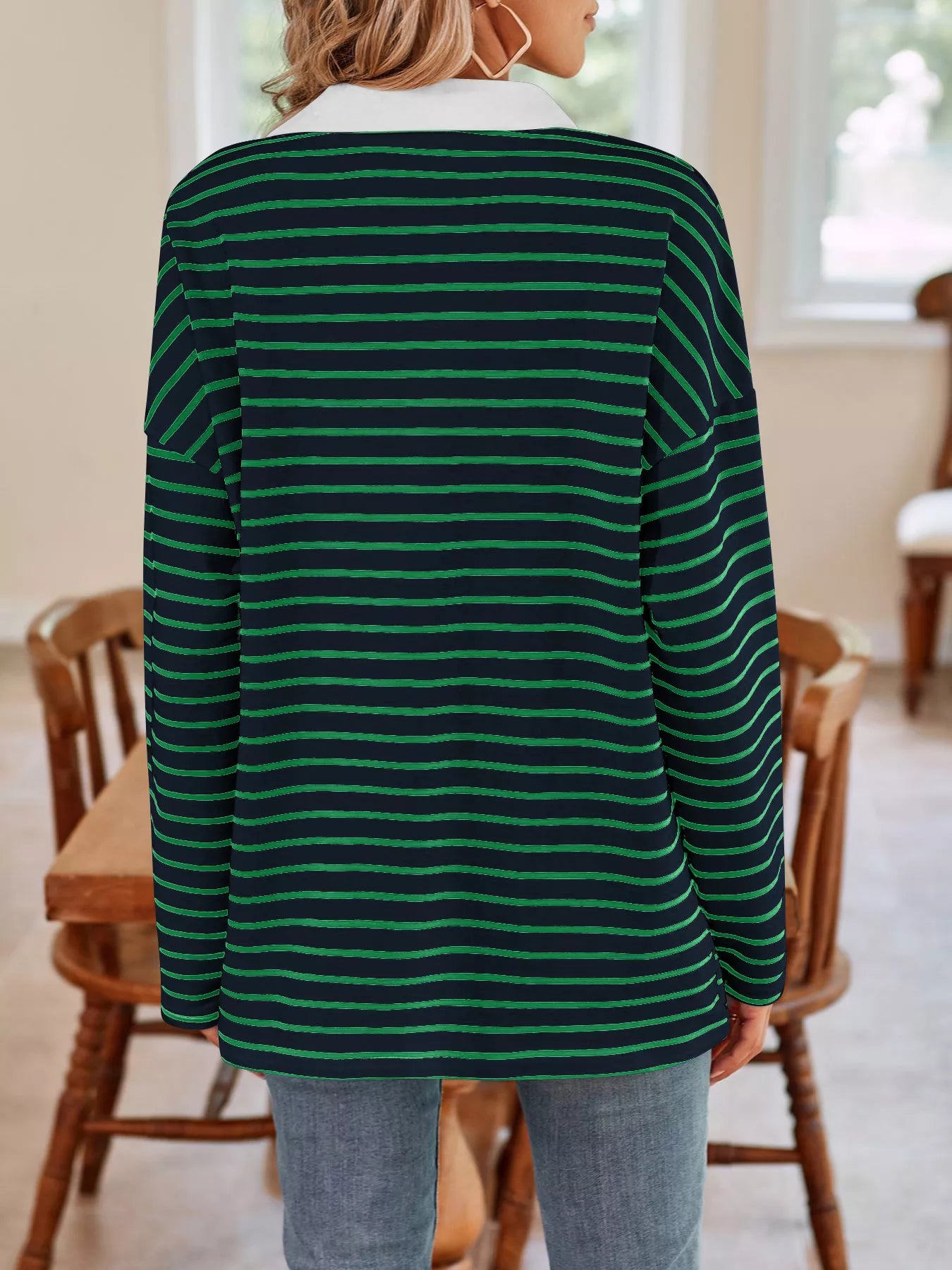 Oversized Striped Johnny Collar T-Shirt