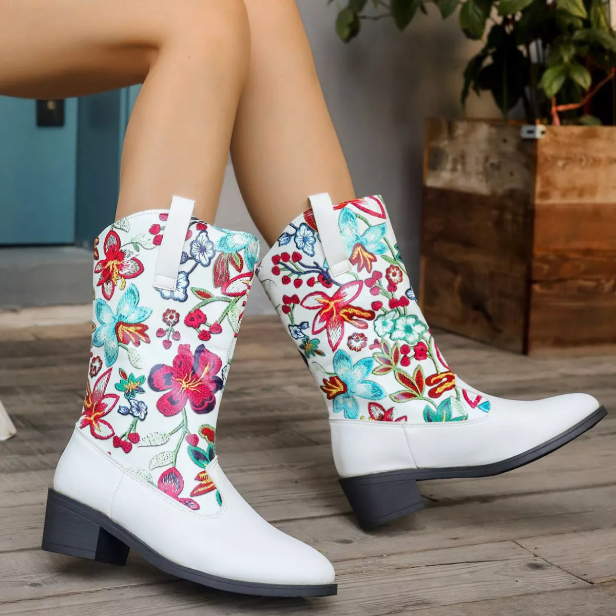 Floral Block Heel Boots