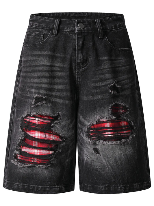 Men's Distressed Denim Shorts with Plaid Patches
