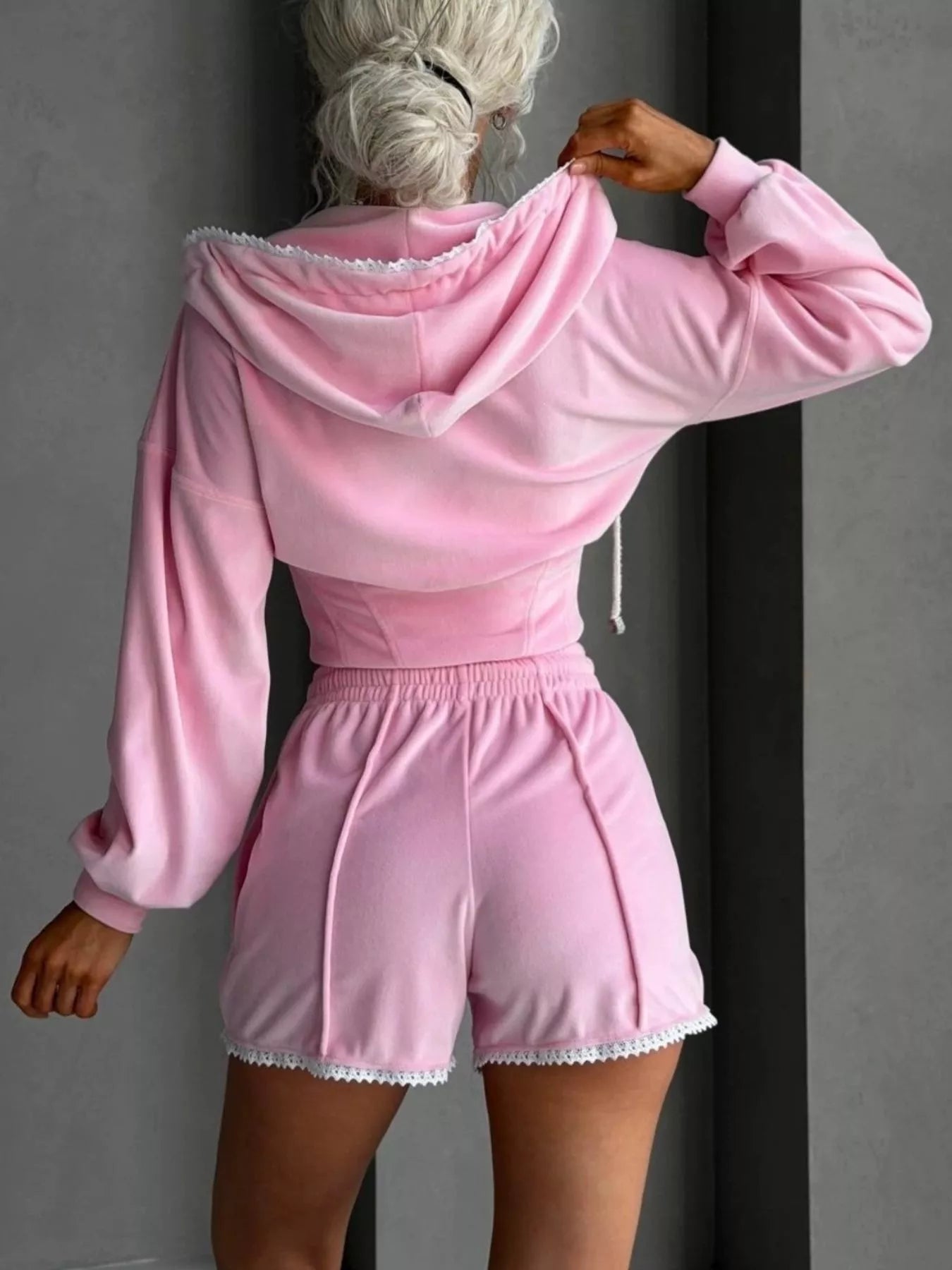 Drawstring Zip-Up Hoodie and Shorts Set