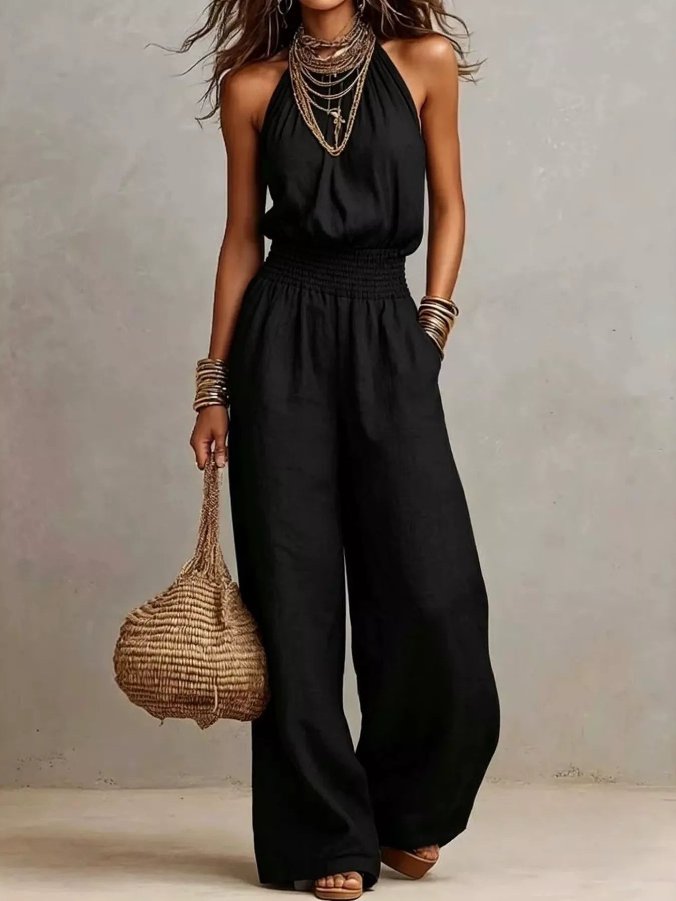 Smocked Halter Neck Wide-Leg Jumpsuit