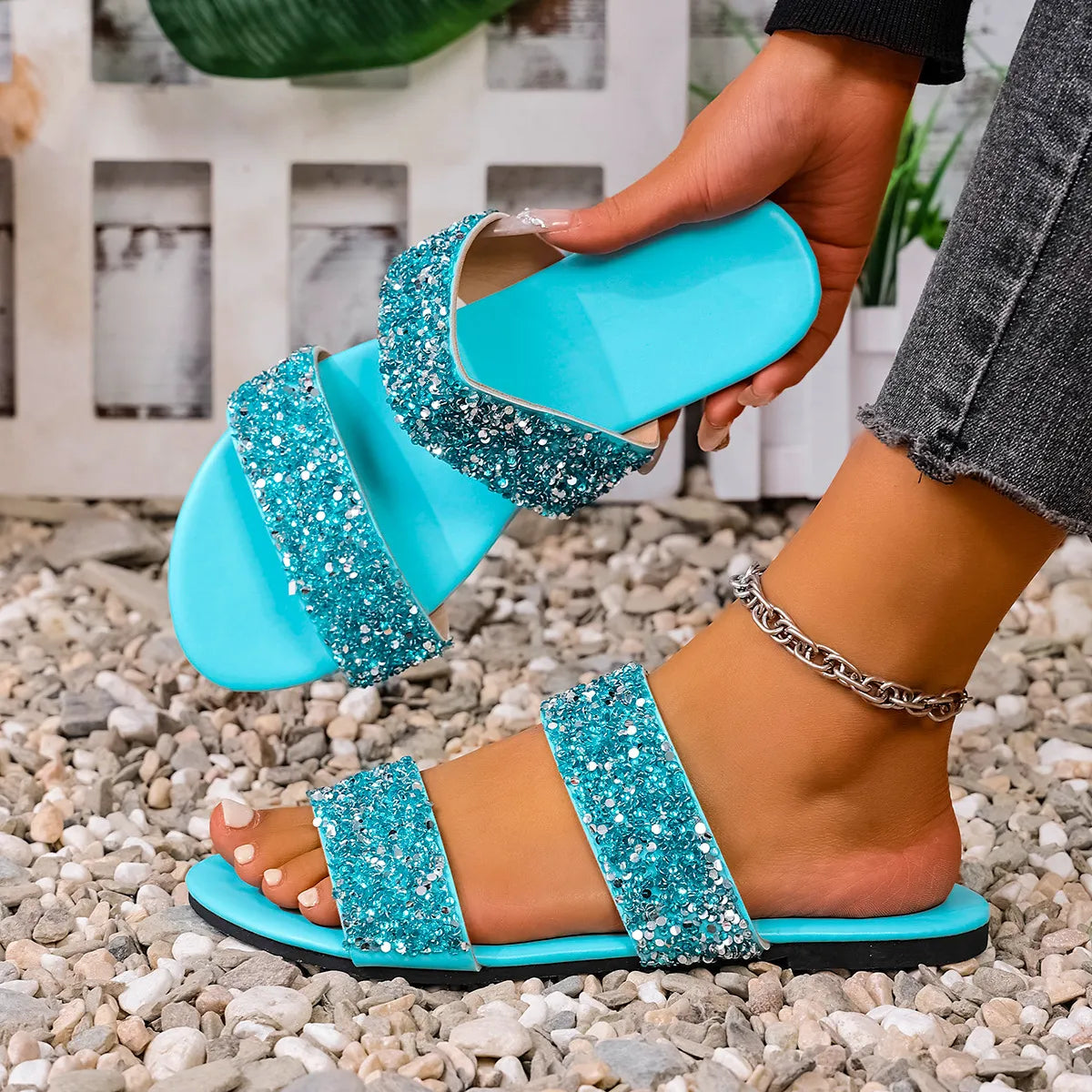 Sequin Open Toe Flats Sandals