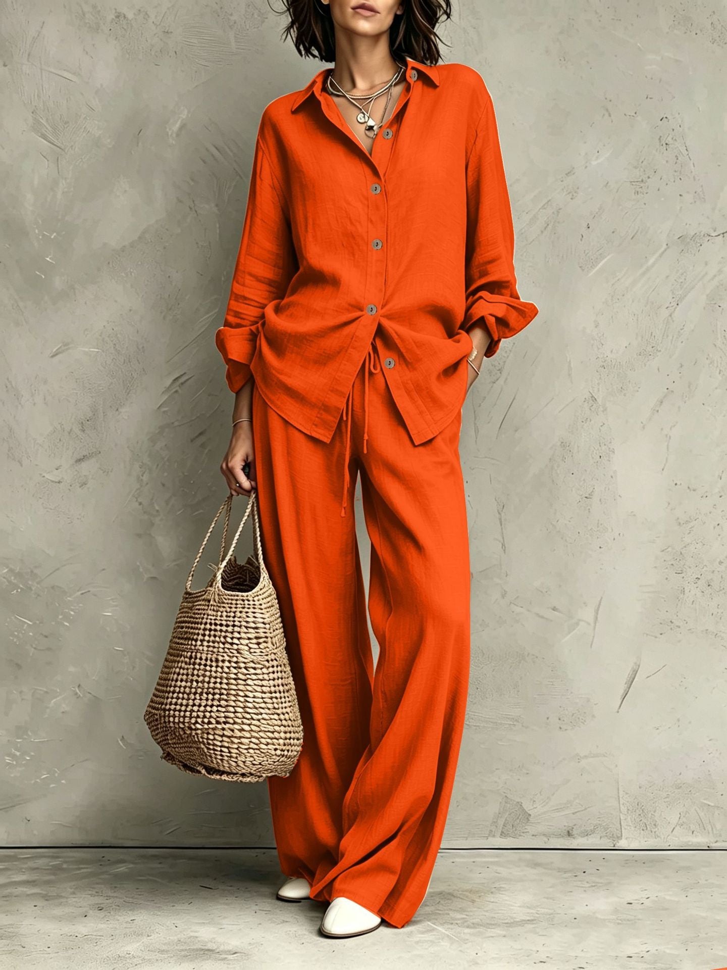 Women's Button-Down Shirt & Wide-Leg Pants Set