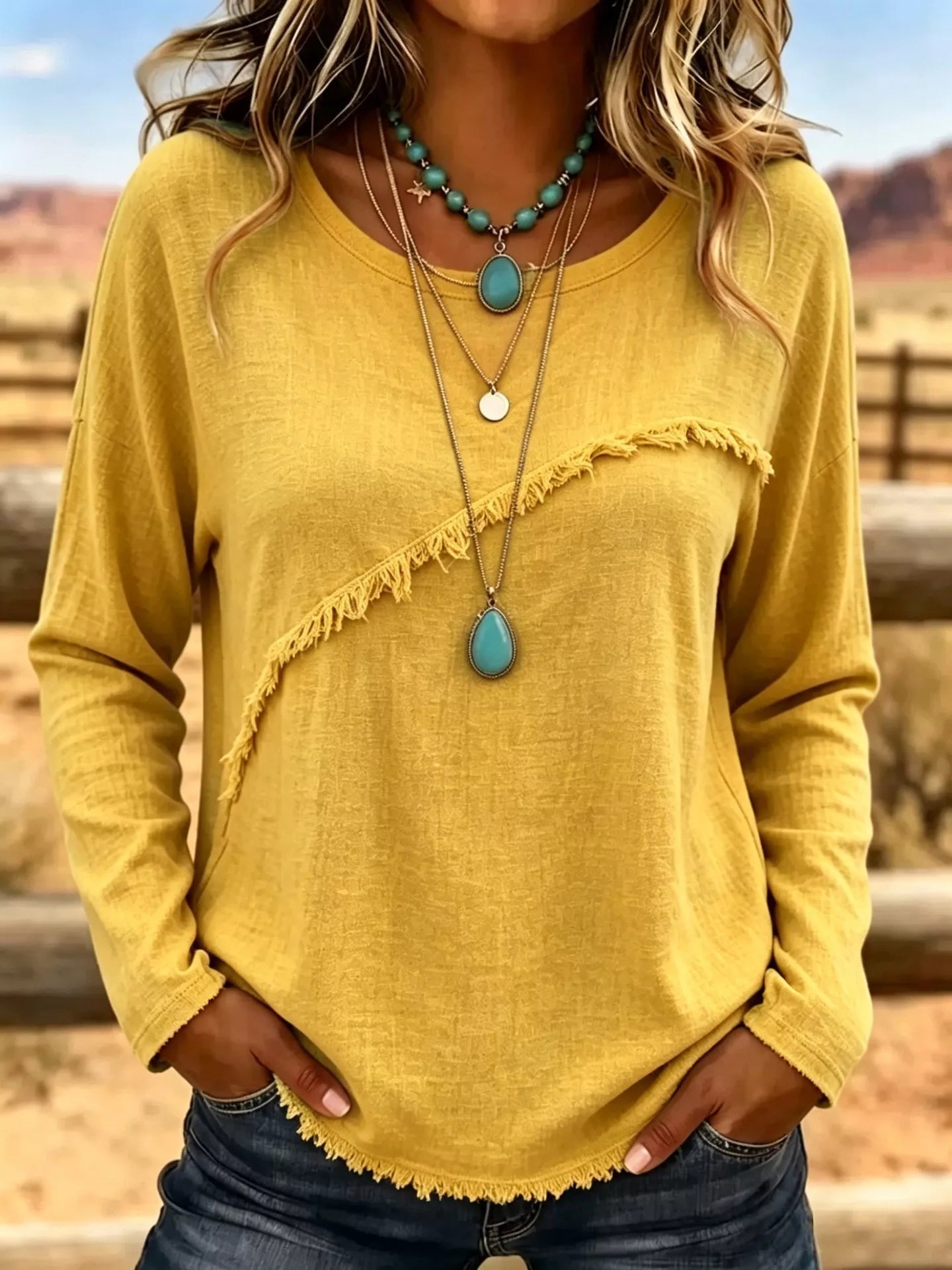 Full Size Fringe Detail Long Sleeve T-Shirt Plus Size