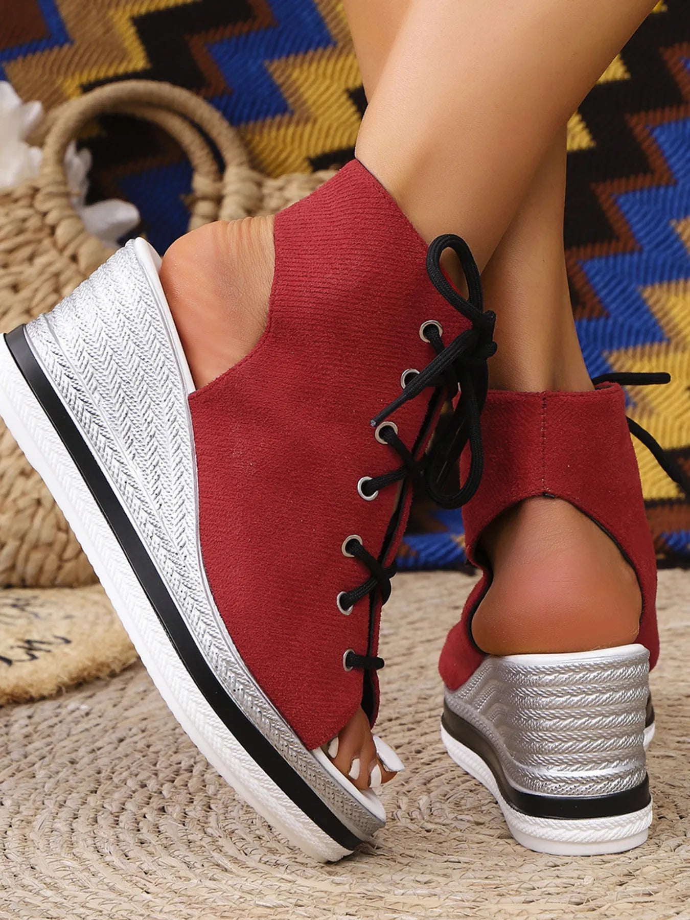 Lace Up Open Toe Wedge Sandals