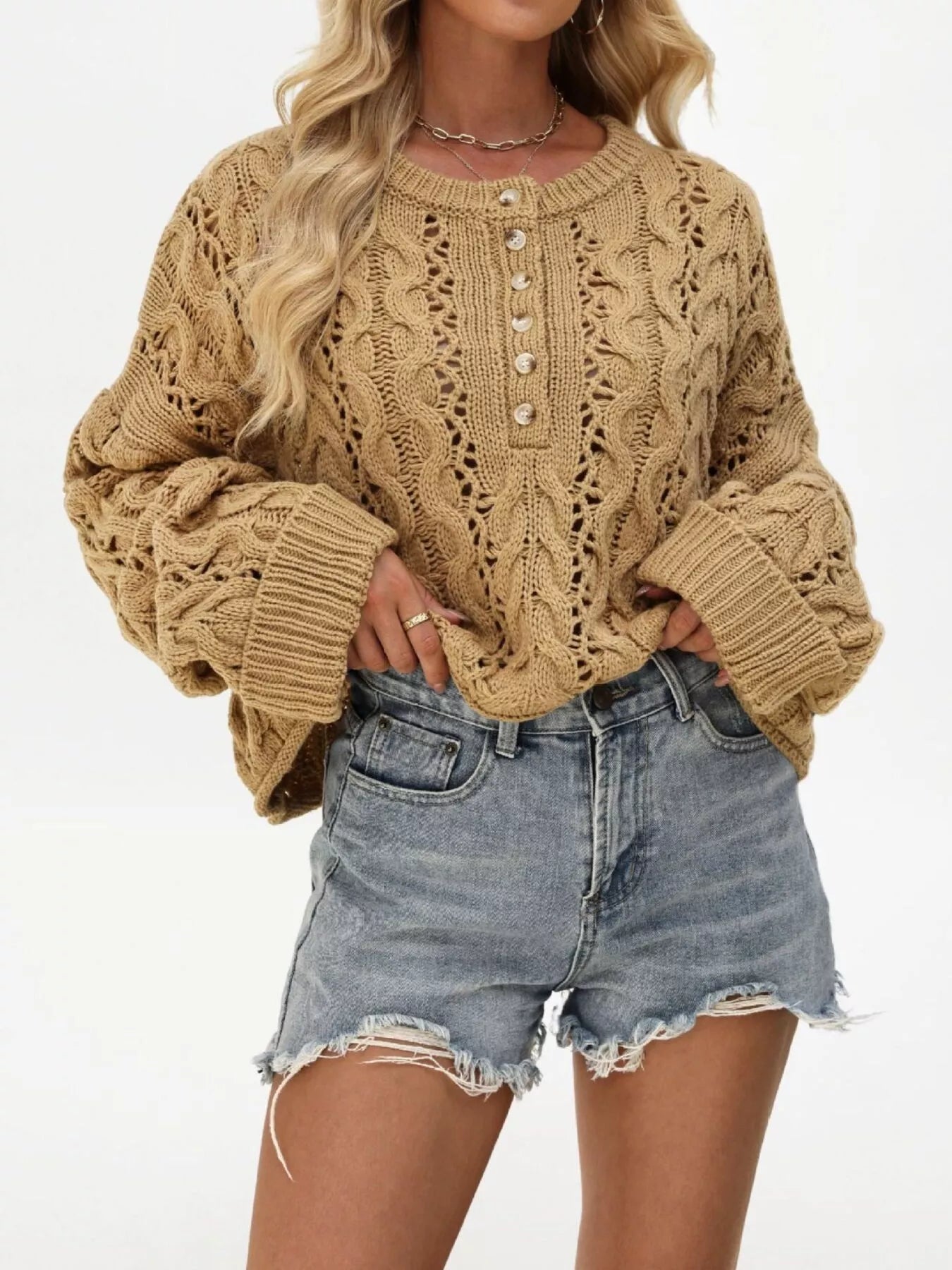 Chic Cable Knit Half-Button Openwork Sweater