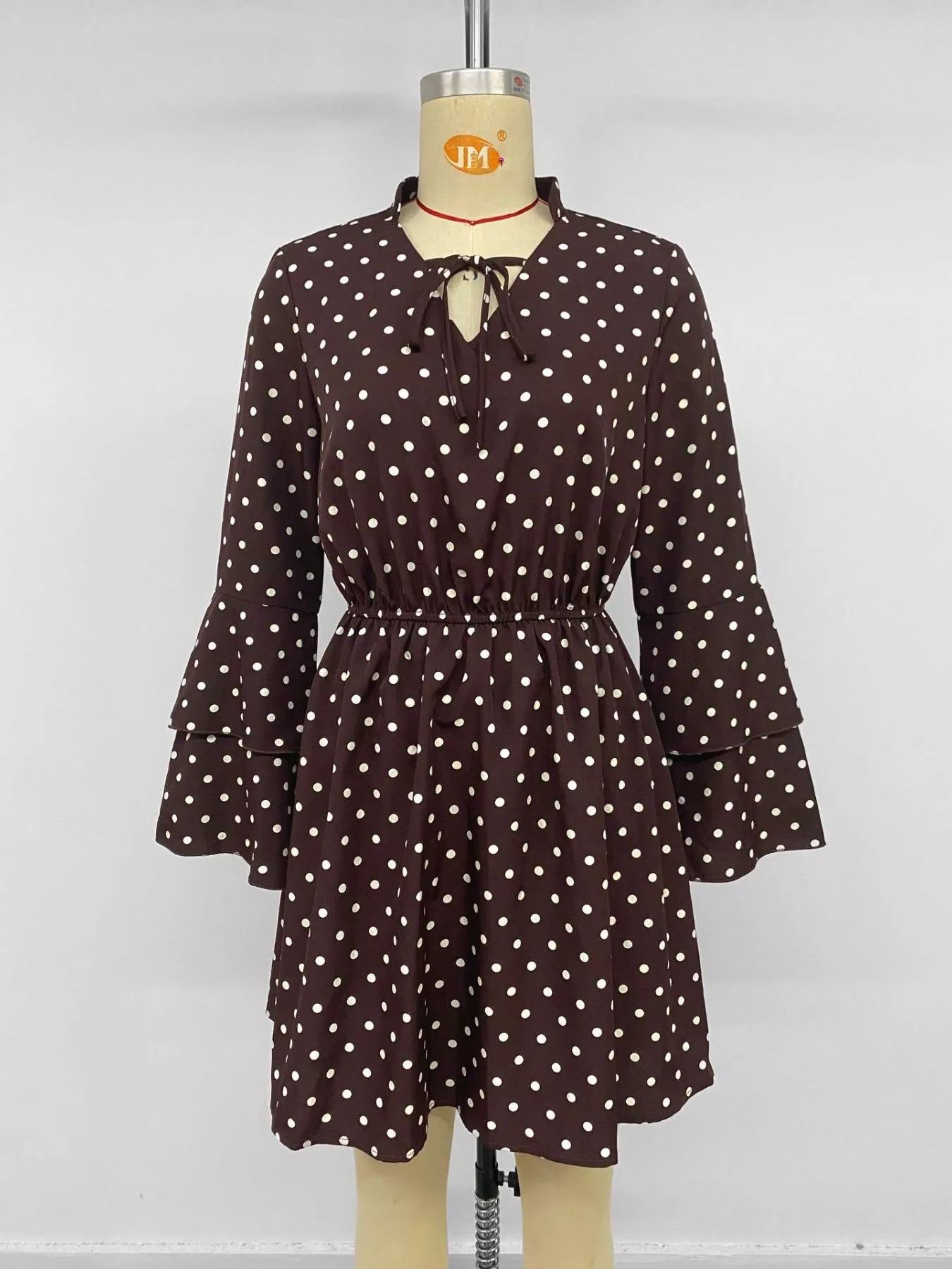 Polka Dot Flare Sleeve Tie Neck Dress