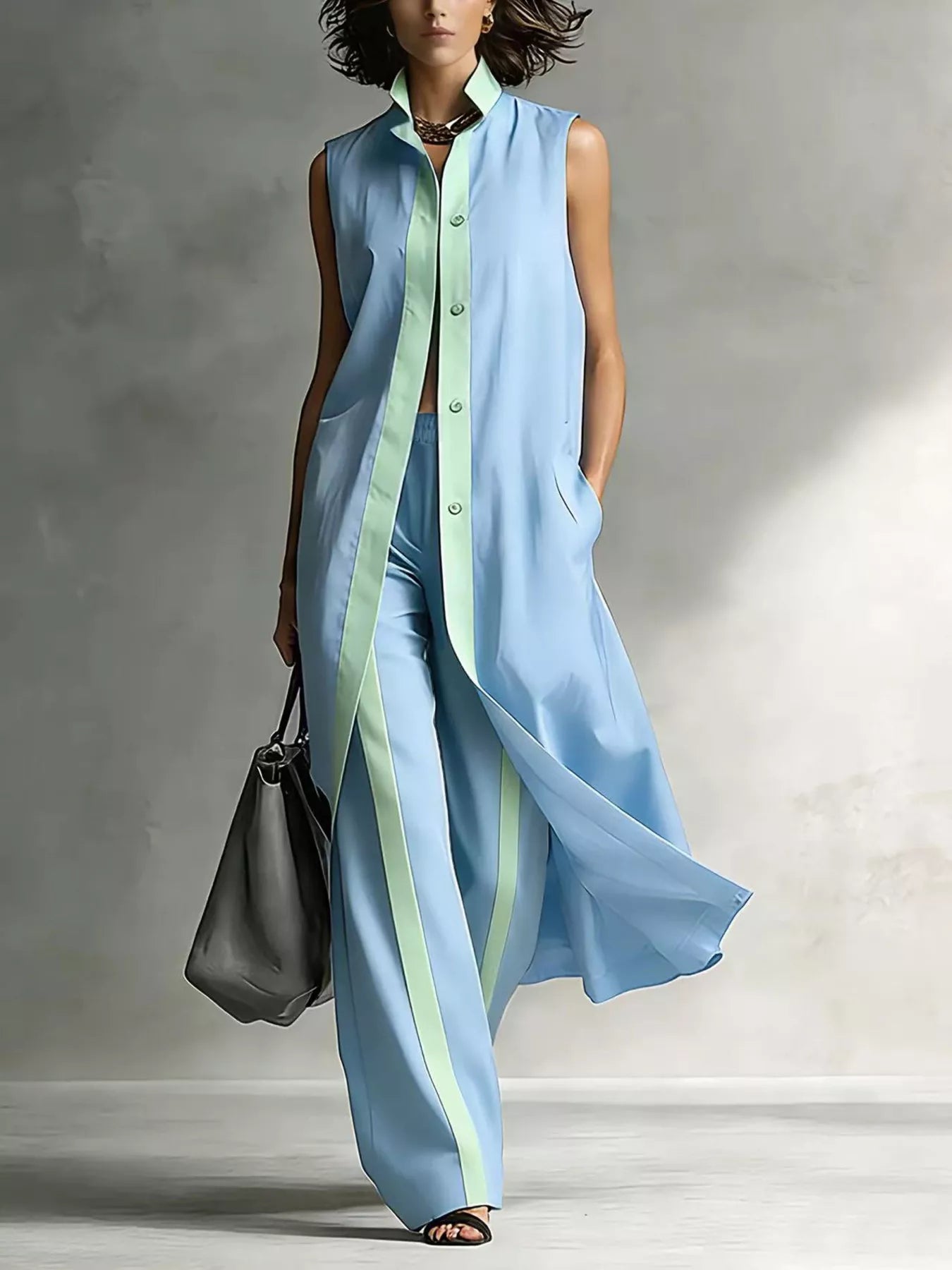 Full Size Sleeveless Longline Vest and Wide‑Leg Pants Set Plus Size