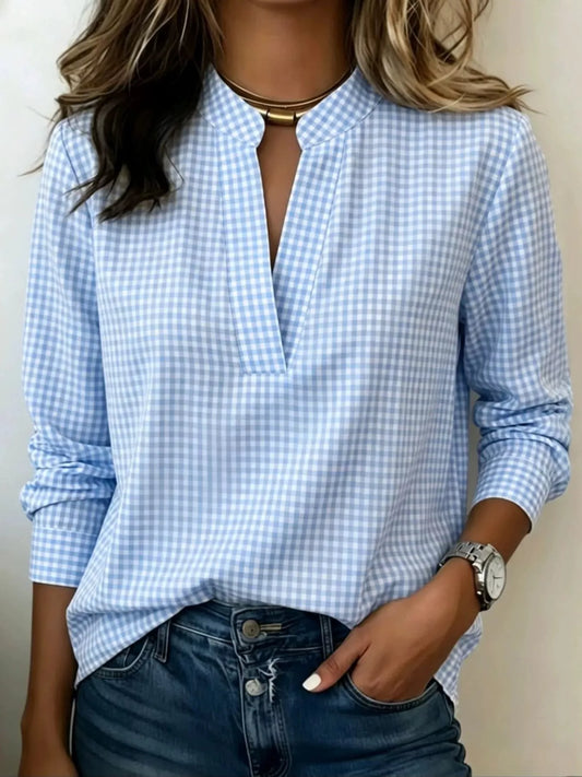 Full Size Plaid Notched Long Sleeve Blouse Plus Size