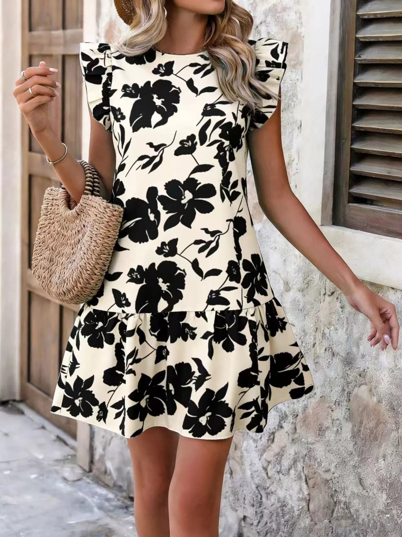 Floral Print Ruffle Sleeve Mini Dress