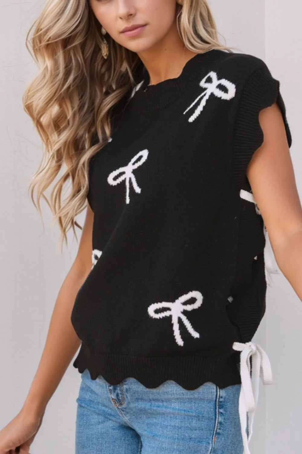 Bow Side Ties Scalloped Hem Cap Sleeve Sweater