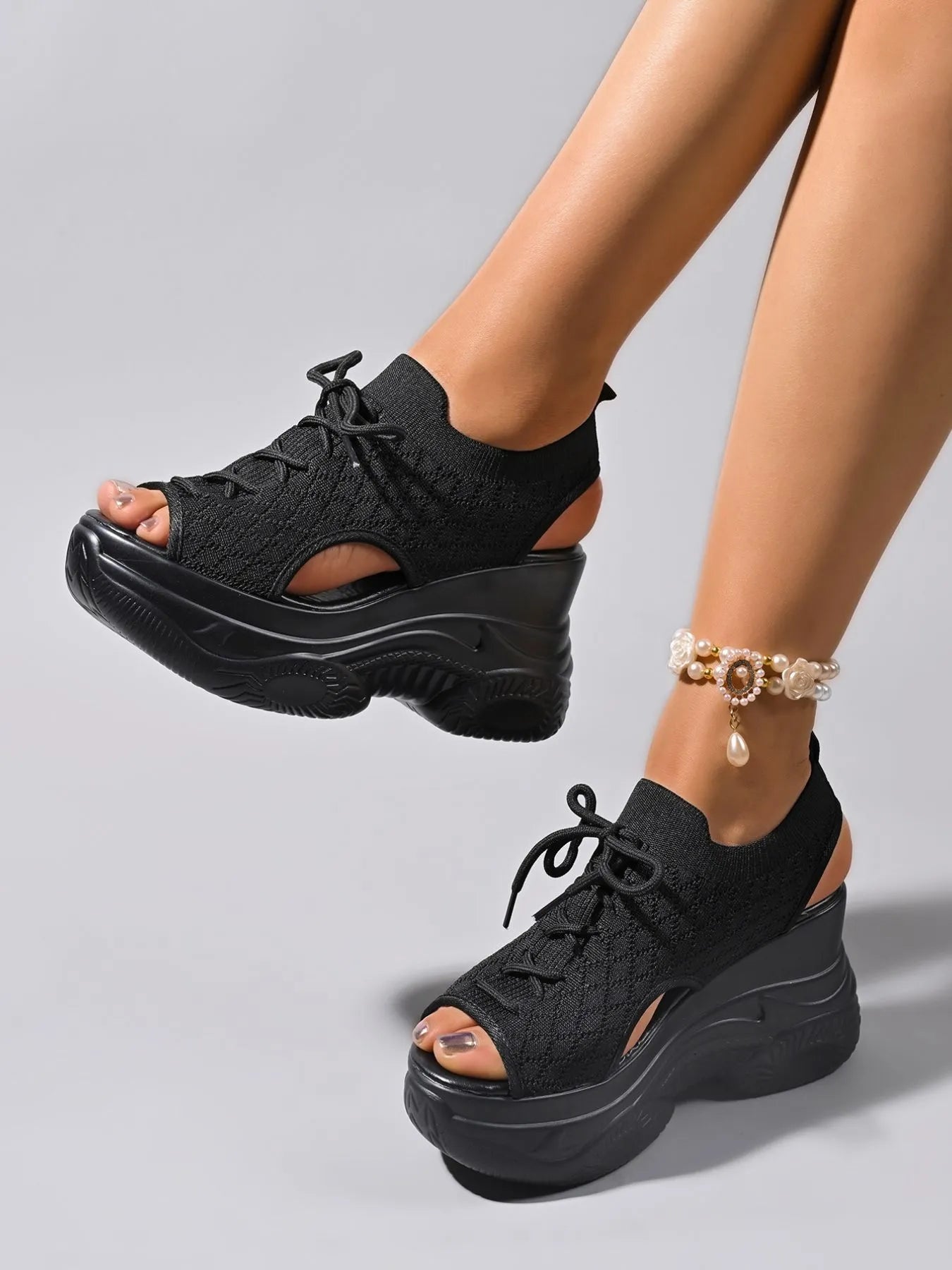 Cutout Lace Up Platform Wedge Sandals