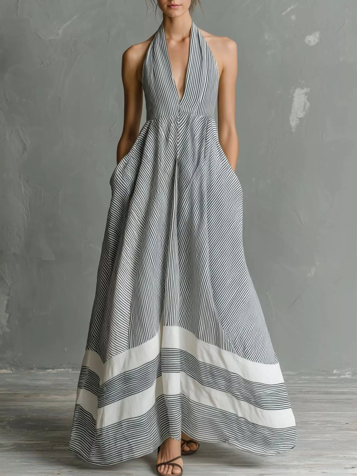Full Size Striped Halter Neck Maxi Dress with Pockets Plus Size