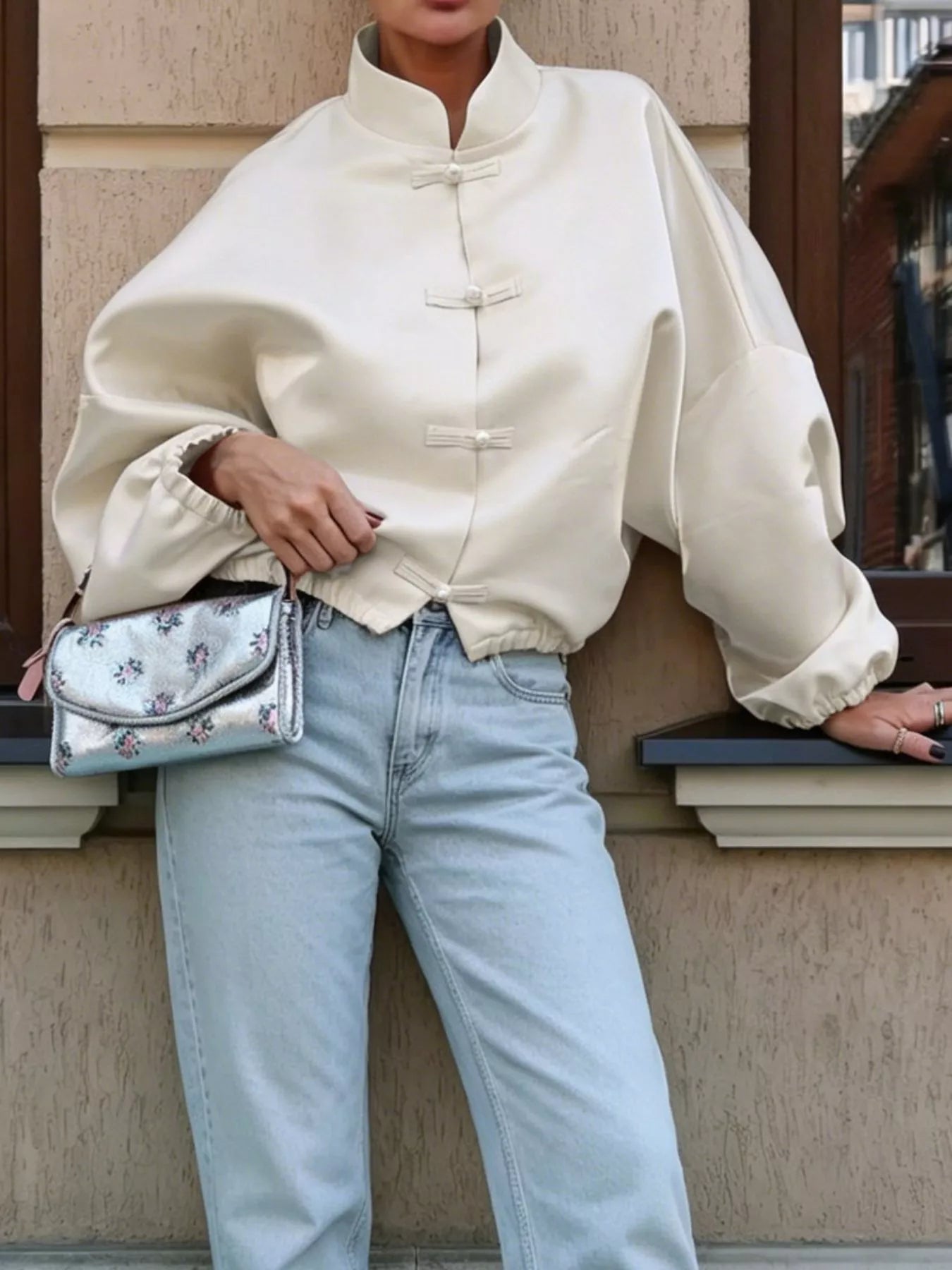 Mandarin Collar Pearl Button Shacket