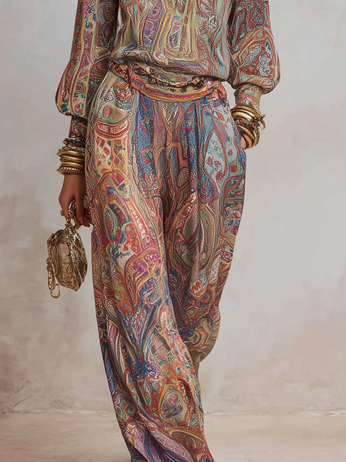 Paisley Print Long Sleeve Top and Pants Set