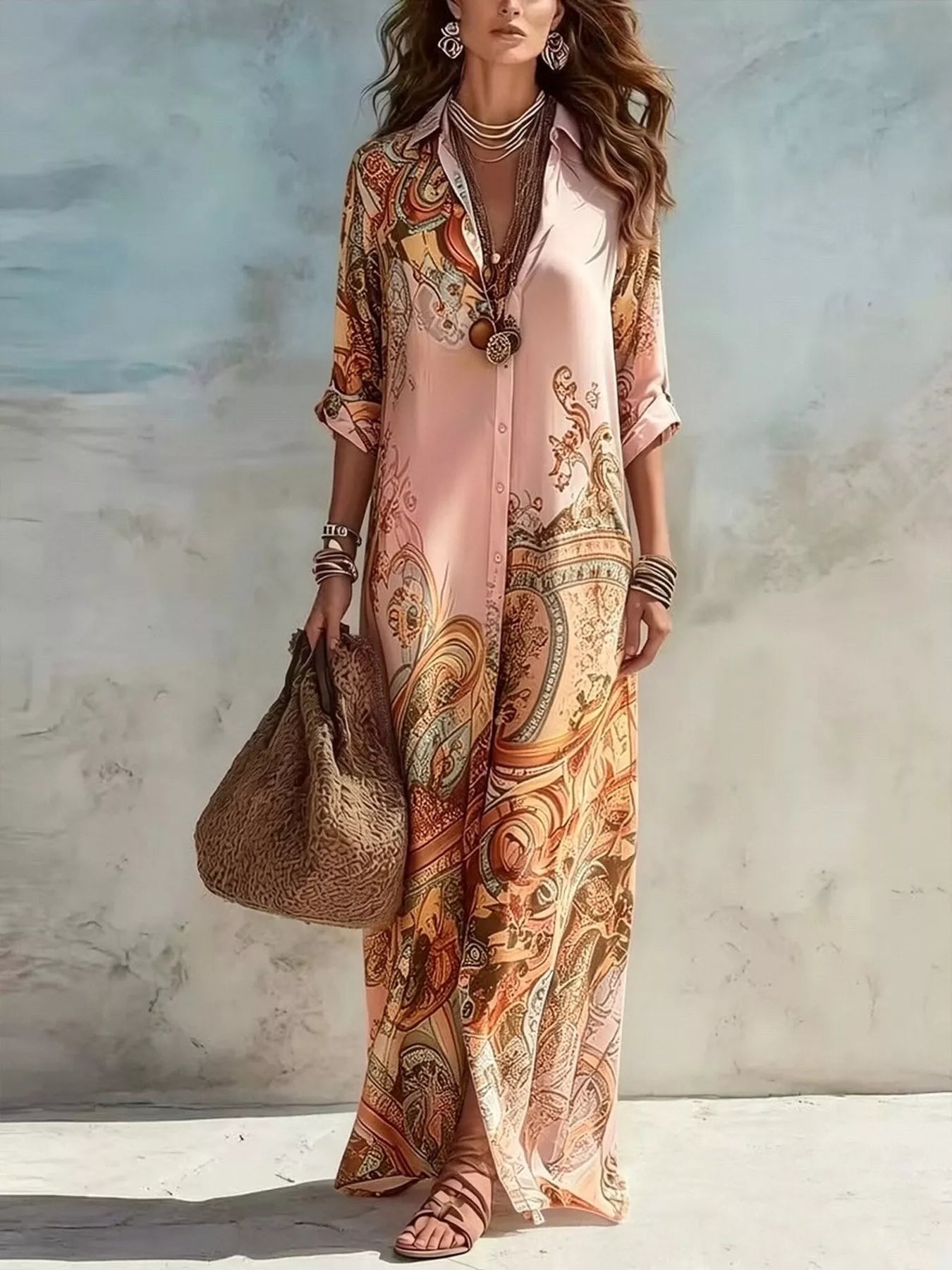 Full Size Printed Button Down Roll-Up Sleeve Shirt Maxi Dress Plus Size